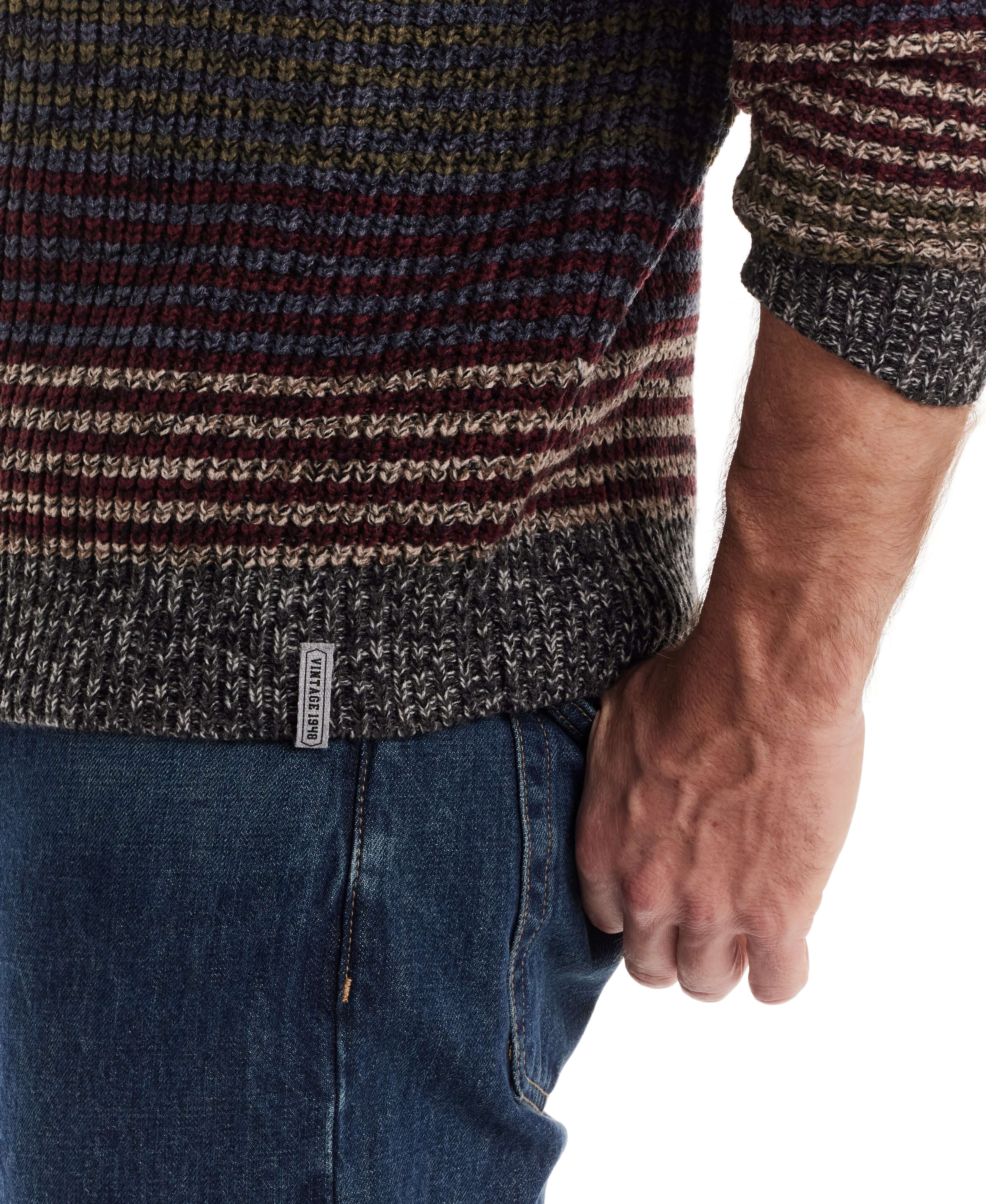 Mixed Stripe Crew Neck in Burgundy Mix worn with jeans, showcasing chunky striped design and vintage character.