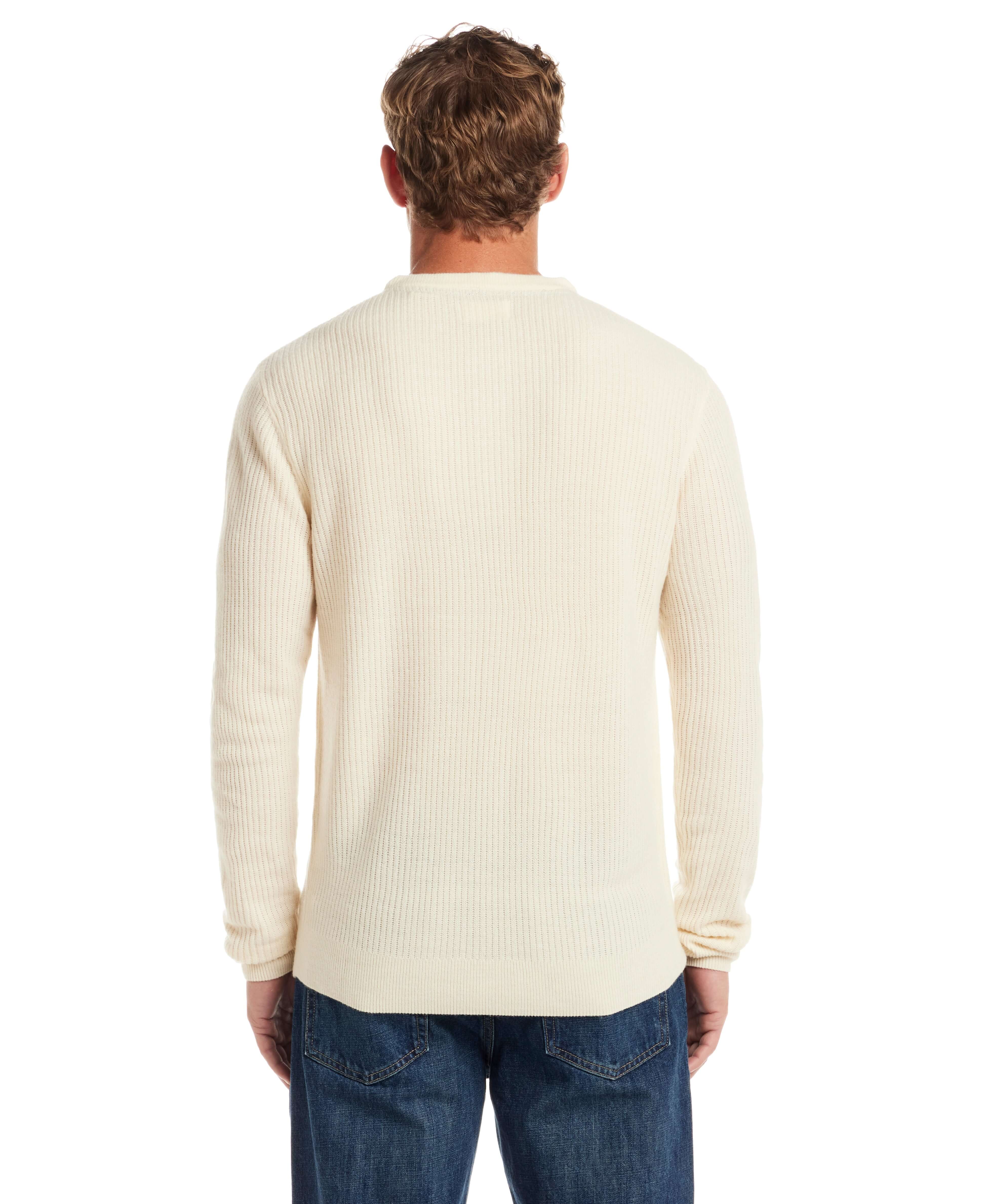 Back view of a soft touch vertical stitch sweater in natural color, showcasing the neat design and comfortable fit.
