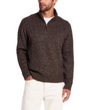 Fuzzy quarter zip sweater in brown, featuring a mock neck and ribbed cuffs for stylish comfort.