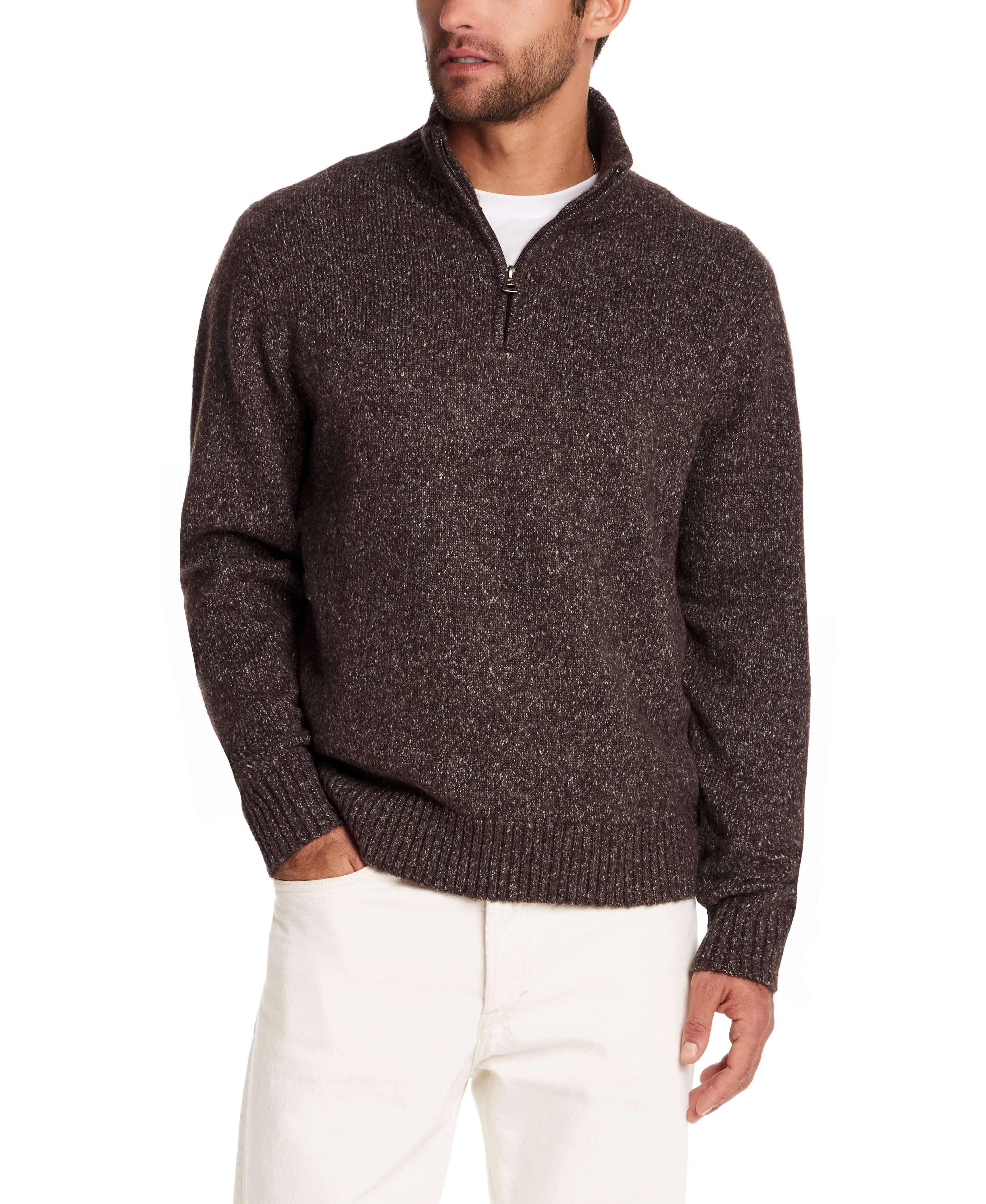 Fuzzy quarter zip sweater in brown, featuring a mock neck and ribbed cuffs for stylish comfort.