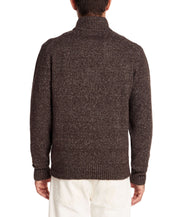 Back view of a fuzzy brown quarter zip sweater featuring a mock neck and ribbed cuffs, perfect for cool weather.