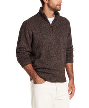 Fuzzy quarter zip sweater in brown on a model, showcasing soft texture and classic fit for men.