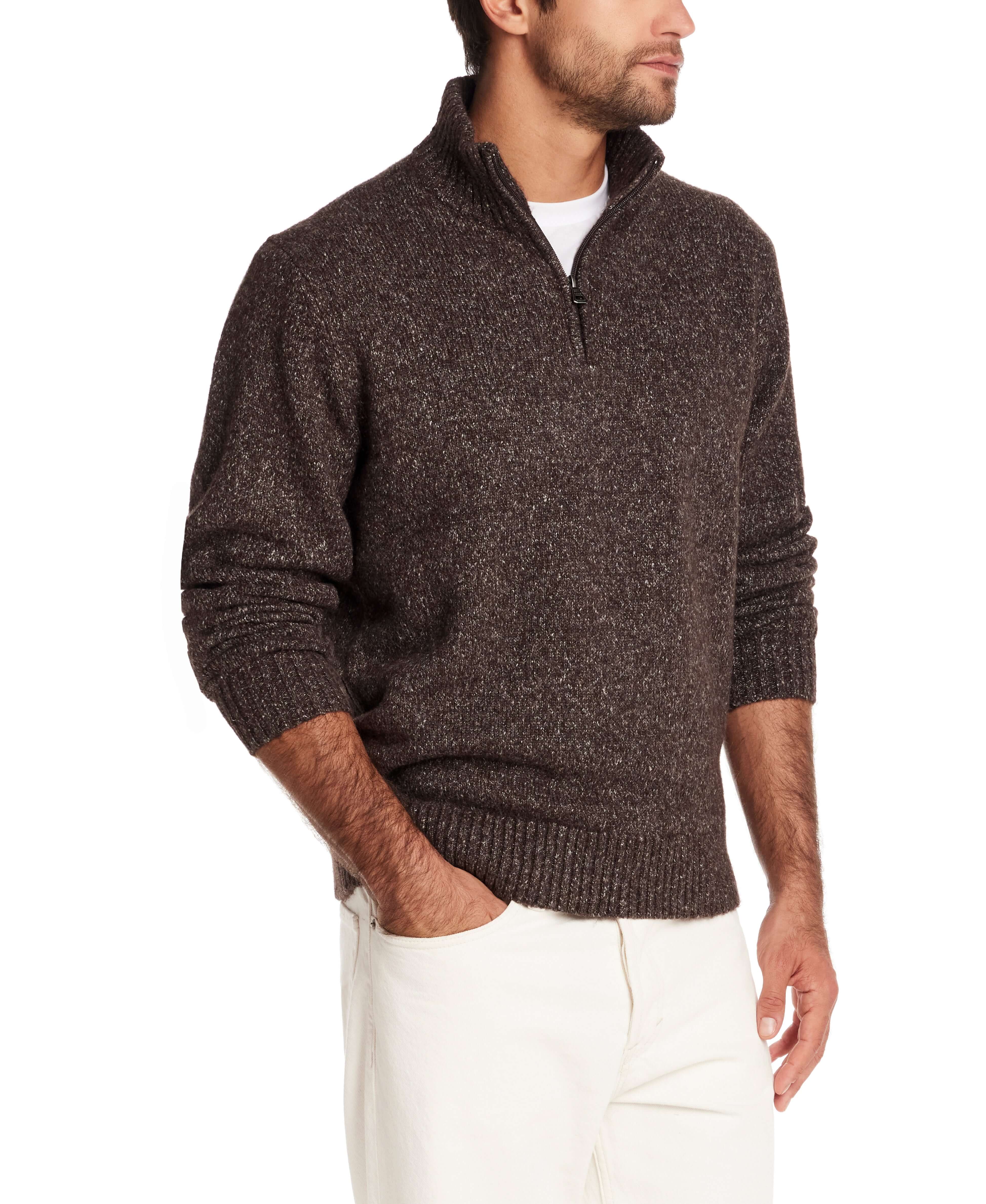 Fuzzy quarter zip sweater in brown on a model, showcasing soft texture and classic fit for men.