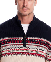 Maine Quarter Zip in Dark Navy featuring vintage Fair Isle patterns and a ribbed mock neck for a stylish winter look.