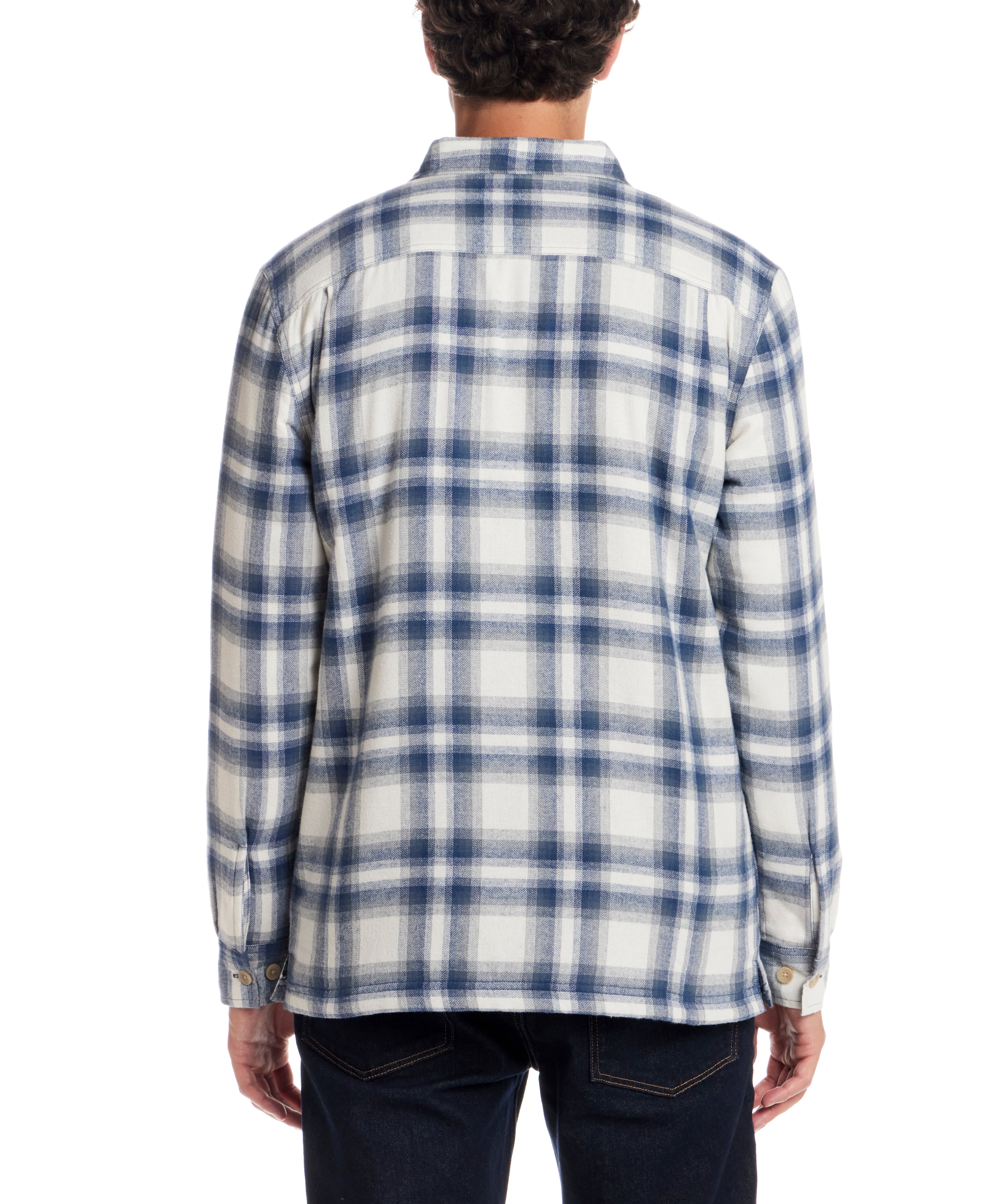 Back view of the Sherpa Lined Flannel Shirt Jacket in Iron Blue, showcasing the plaid pattern and comfortable fit.