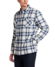 Sherpa Lined Flannel Shirt Jacket in Iron Blue, featuring a relaxed fit and soft blend fabric ideal for chilly days.