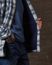 Sherpa Lined Flannel Shirt Jacket in Iron Blue showcasing soft sherpa lining and classic button front design.