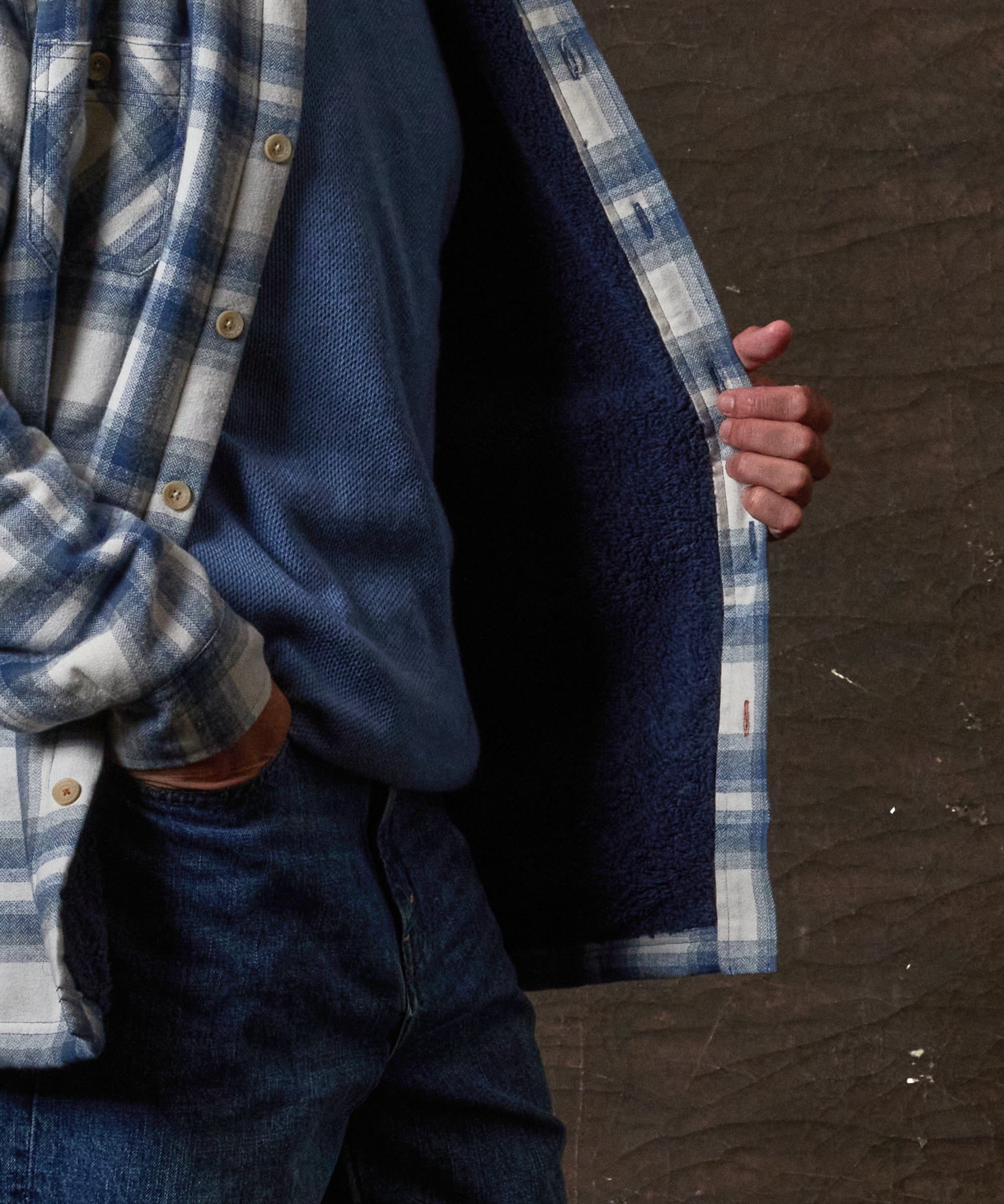 Sherpa Lined Flannel Shirt Jacket in Iron Blue showcasing soft sherpa lining and classic button front design.