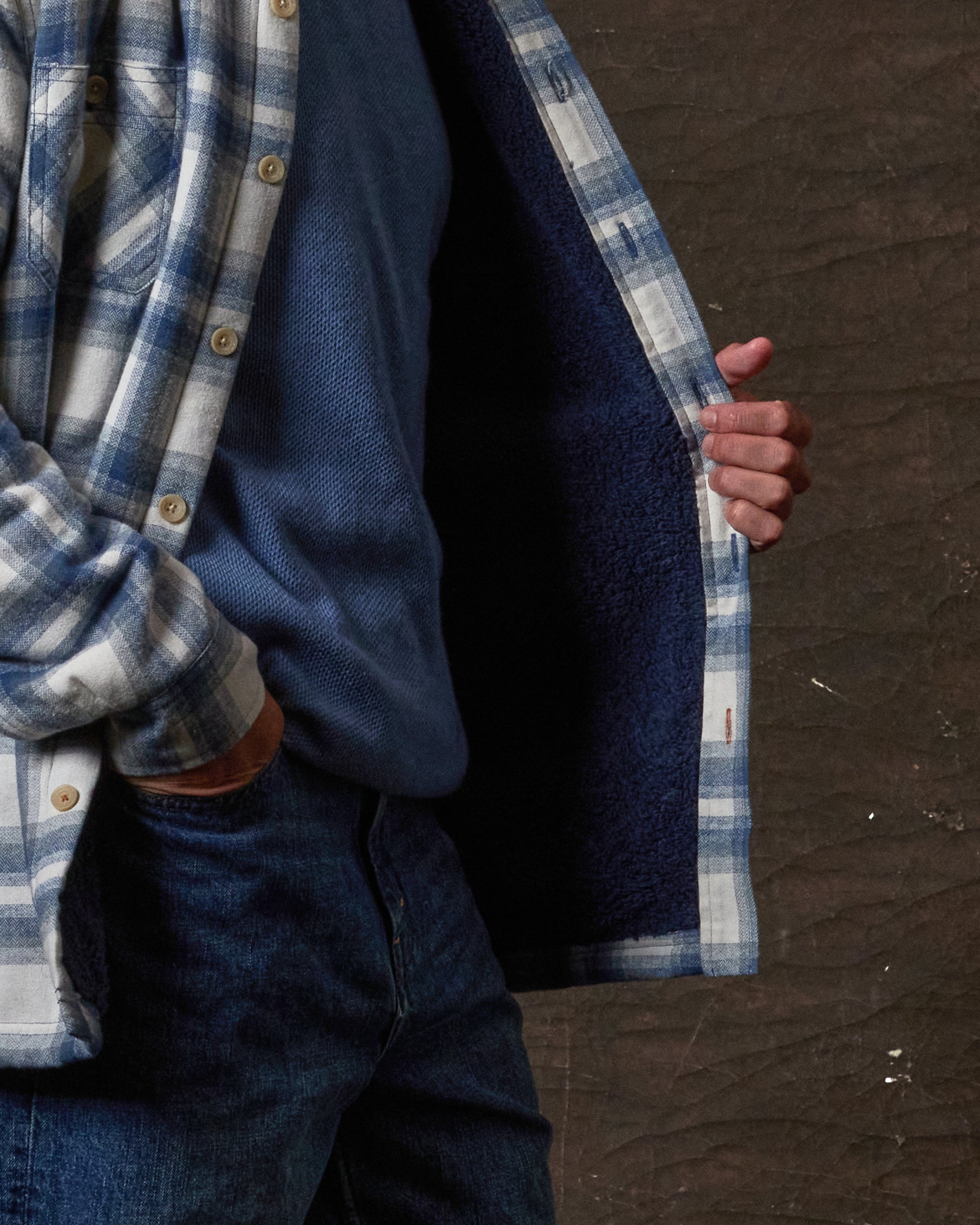 Sherpa Lined Flannel Shirt Jacket in Iron Blue showcasing soft sherpa lining and classic button front design.