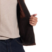 Sherpa Lined Mixed Media Puffer Vest in Cappuccino showcasing cozy sherpa interior and full zip design.