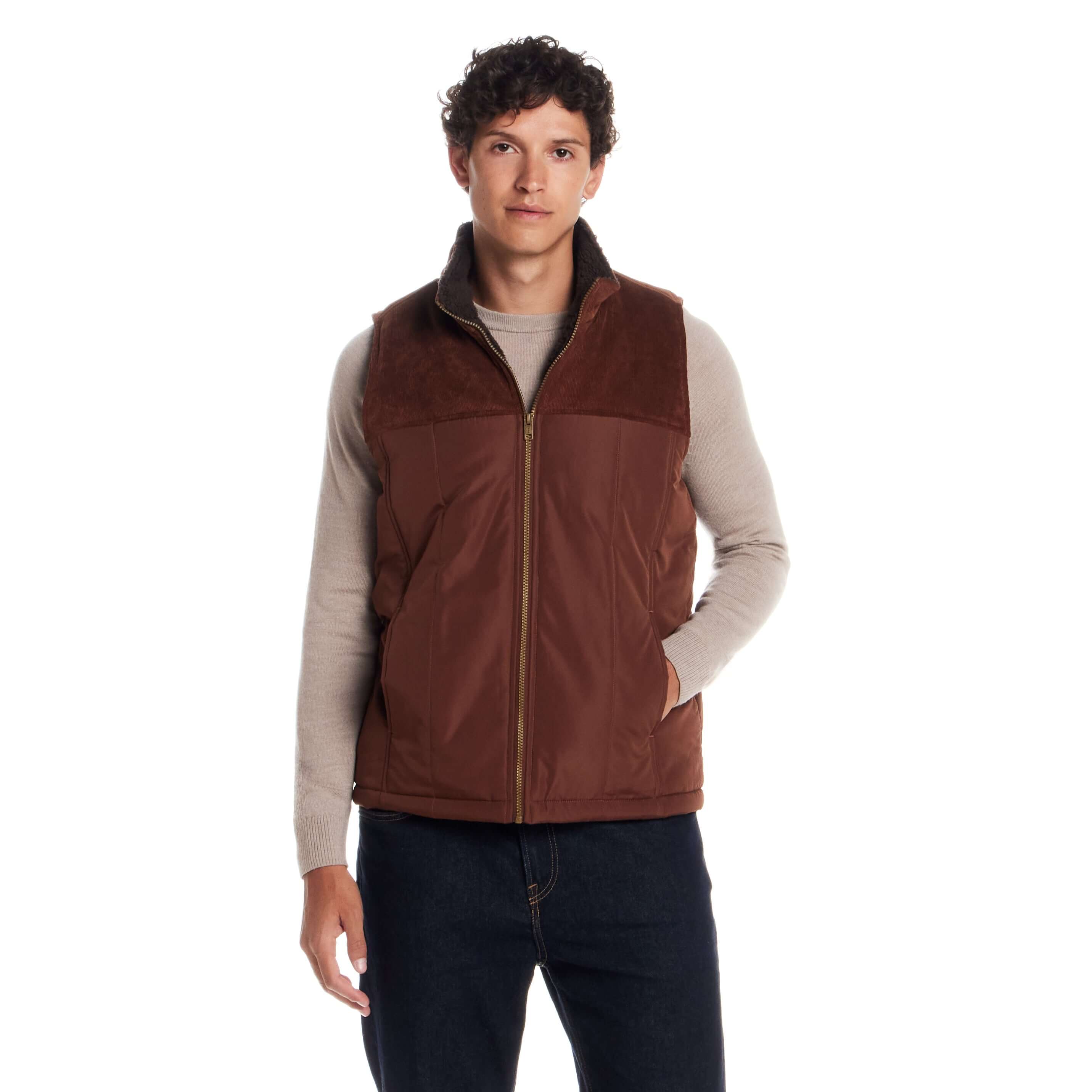 Sherpa Lined Mixed Media Puffer Vest Cappuccino | Weatherproof Vintage