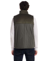 Sherpa Lined Mixed Media Puffer Vest in Kambaba Olive, showing back view with corduroy and soft lining.
