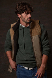 Sherpa Lined Mixed Media Puffer Vest in Kangaroo showcased on model, highlighting its rugged style and cozy design.