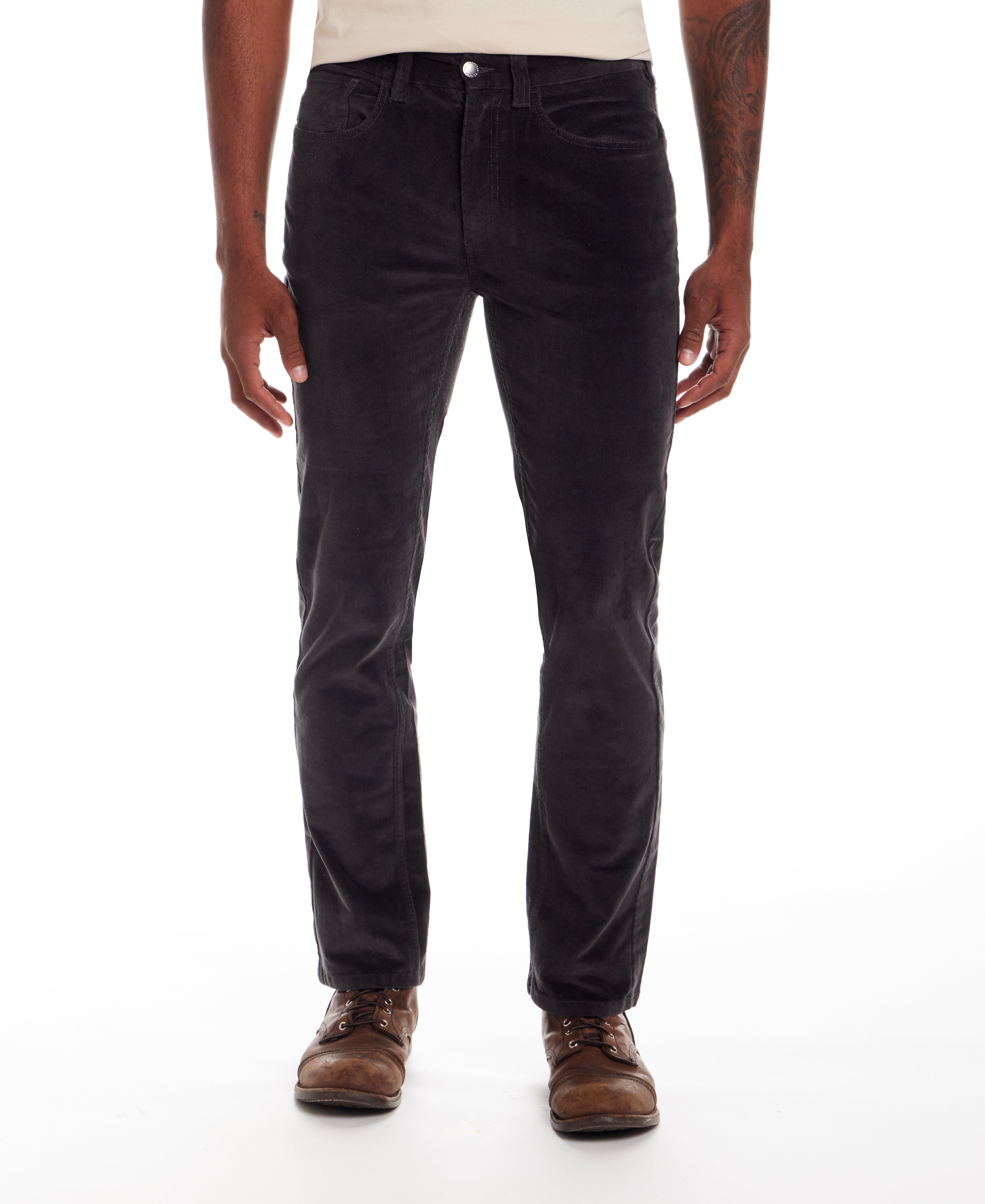 Superfine Cord Pants in Forged Iron displayed on a model, featuring a straight-leg cut and fine wale texture.