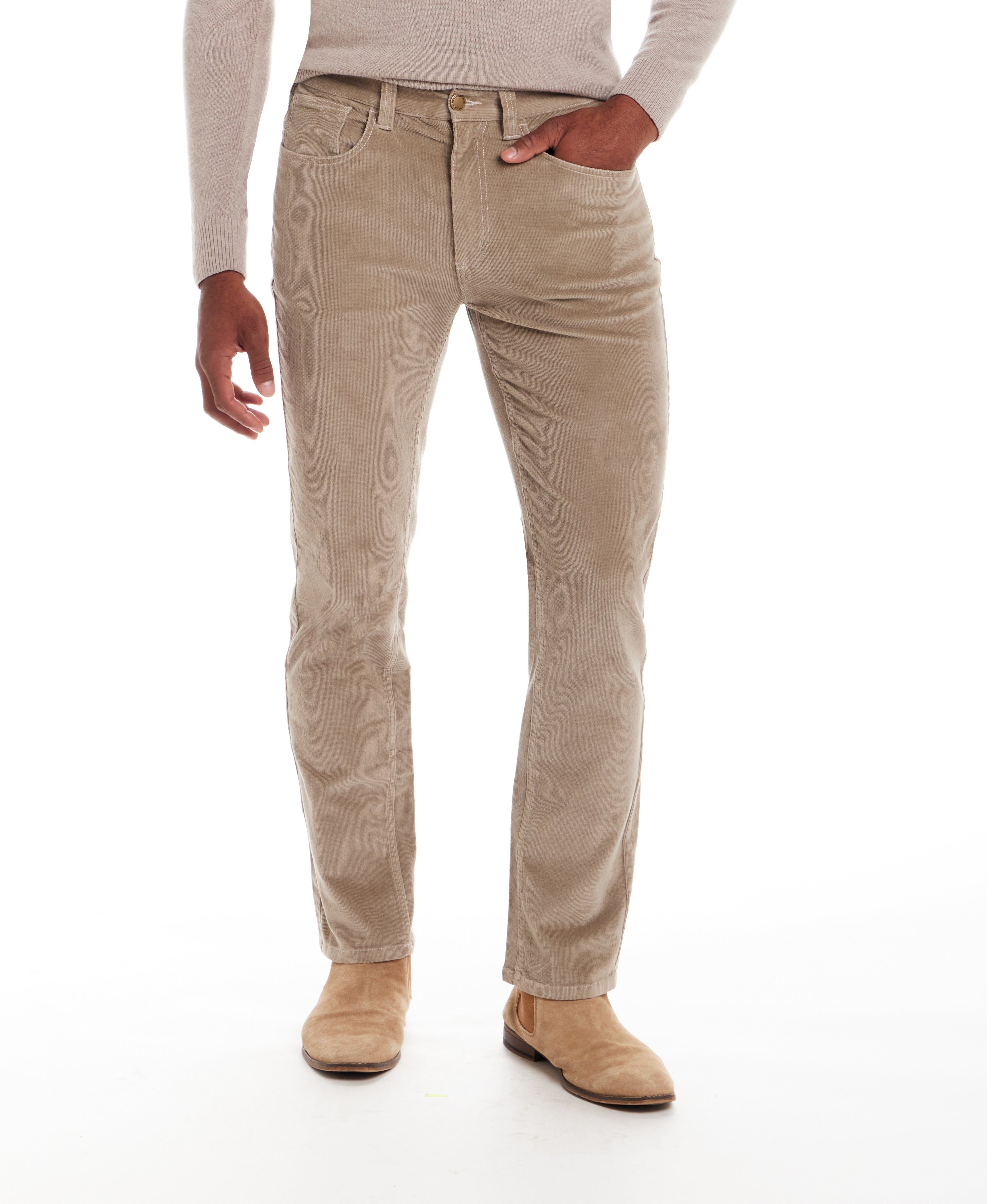 Man wearing Superfine Cord Pants in Stone, showcasing the refined look and straight-leg cut.