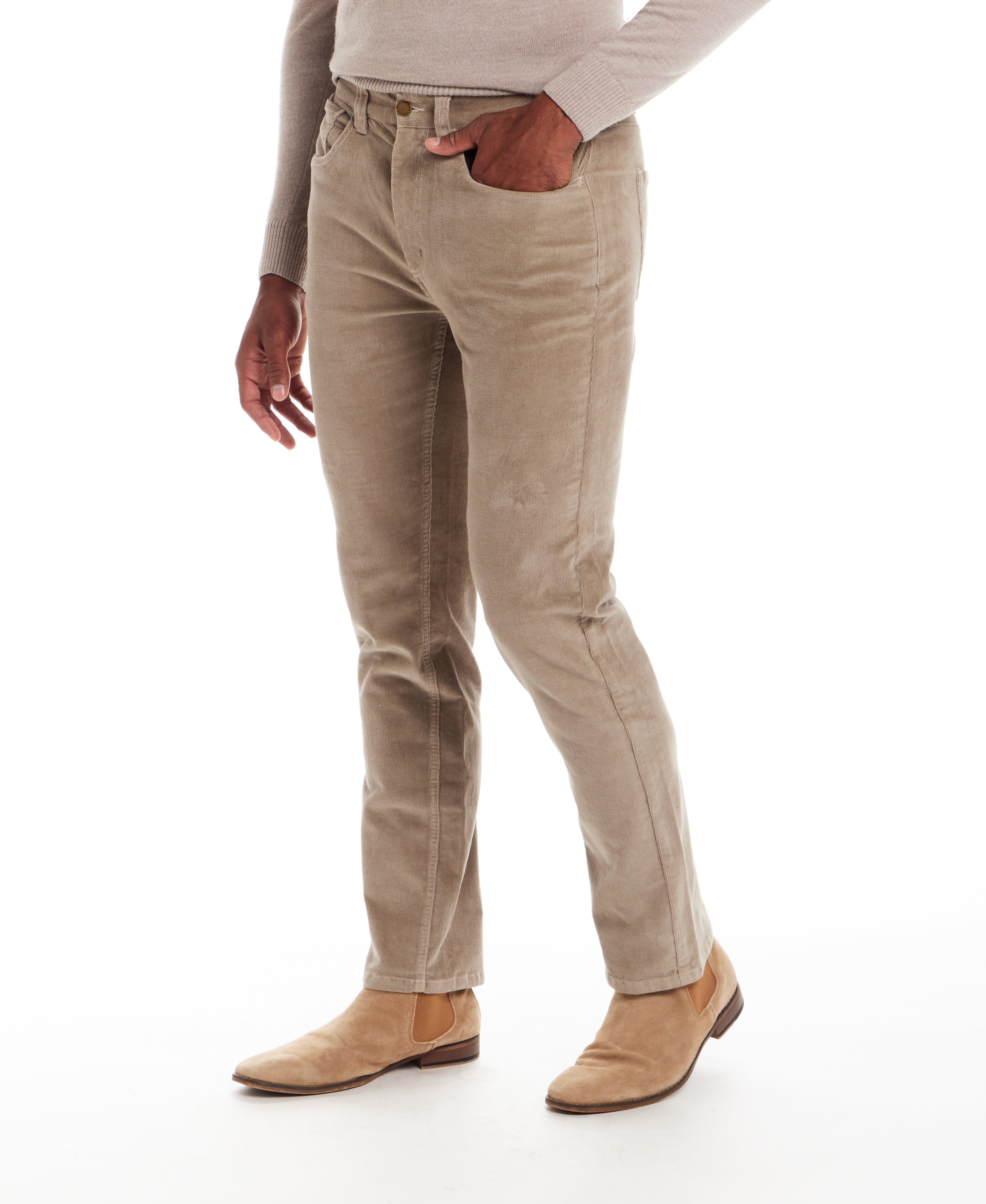 Superfine Cord Pants in Stone, showcasing a modern straight-leg cut and fine wale texture, styled for everyday wear.