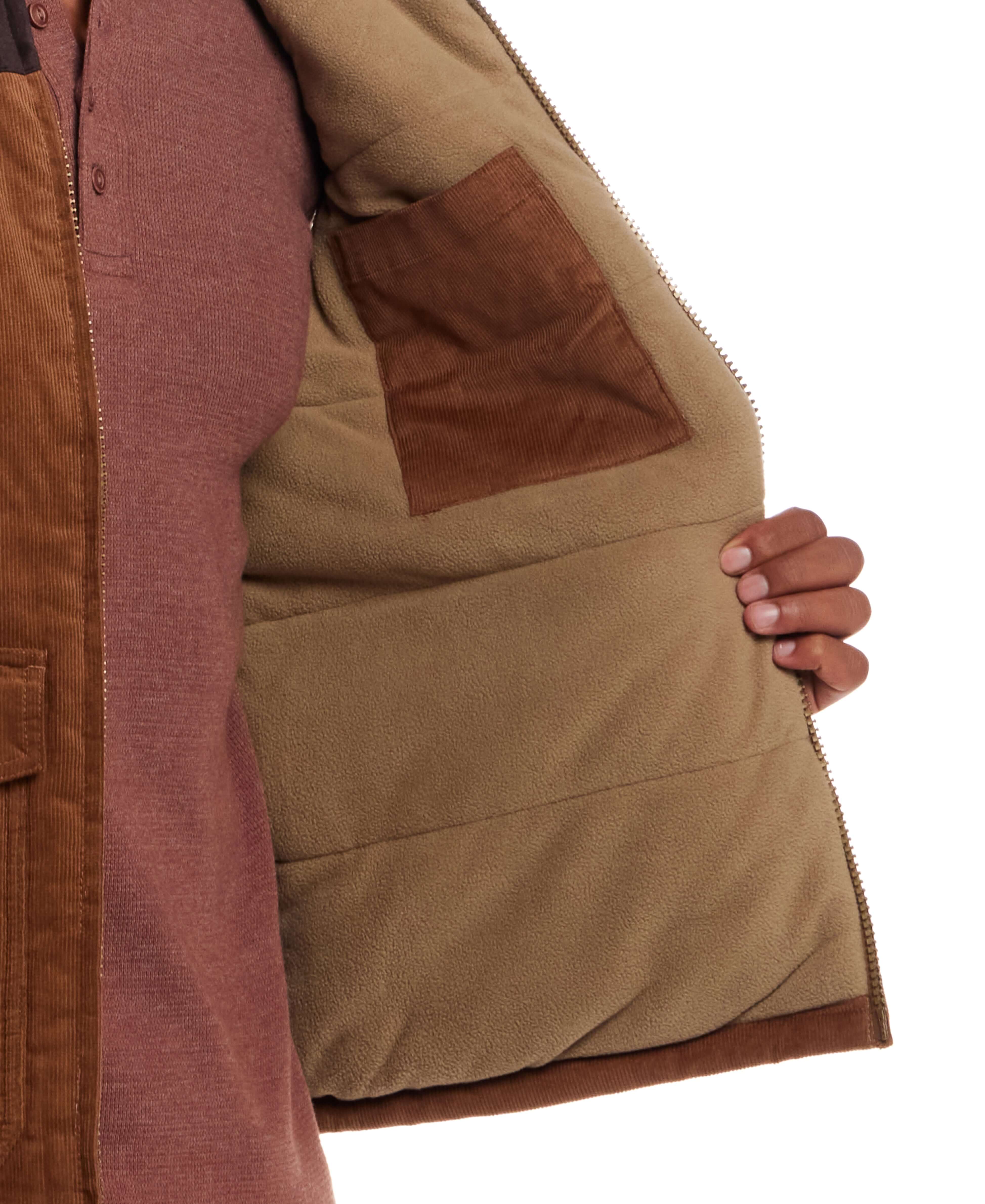 Western Cord and Suede Vest in Chocolate Torte showcasing cozy interior lining with faux suede detailing.