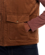 Western Cord and Suede Vest in Chocolate Torte with button-flap pockets and soft corduroy fabric.