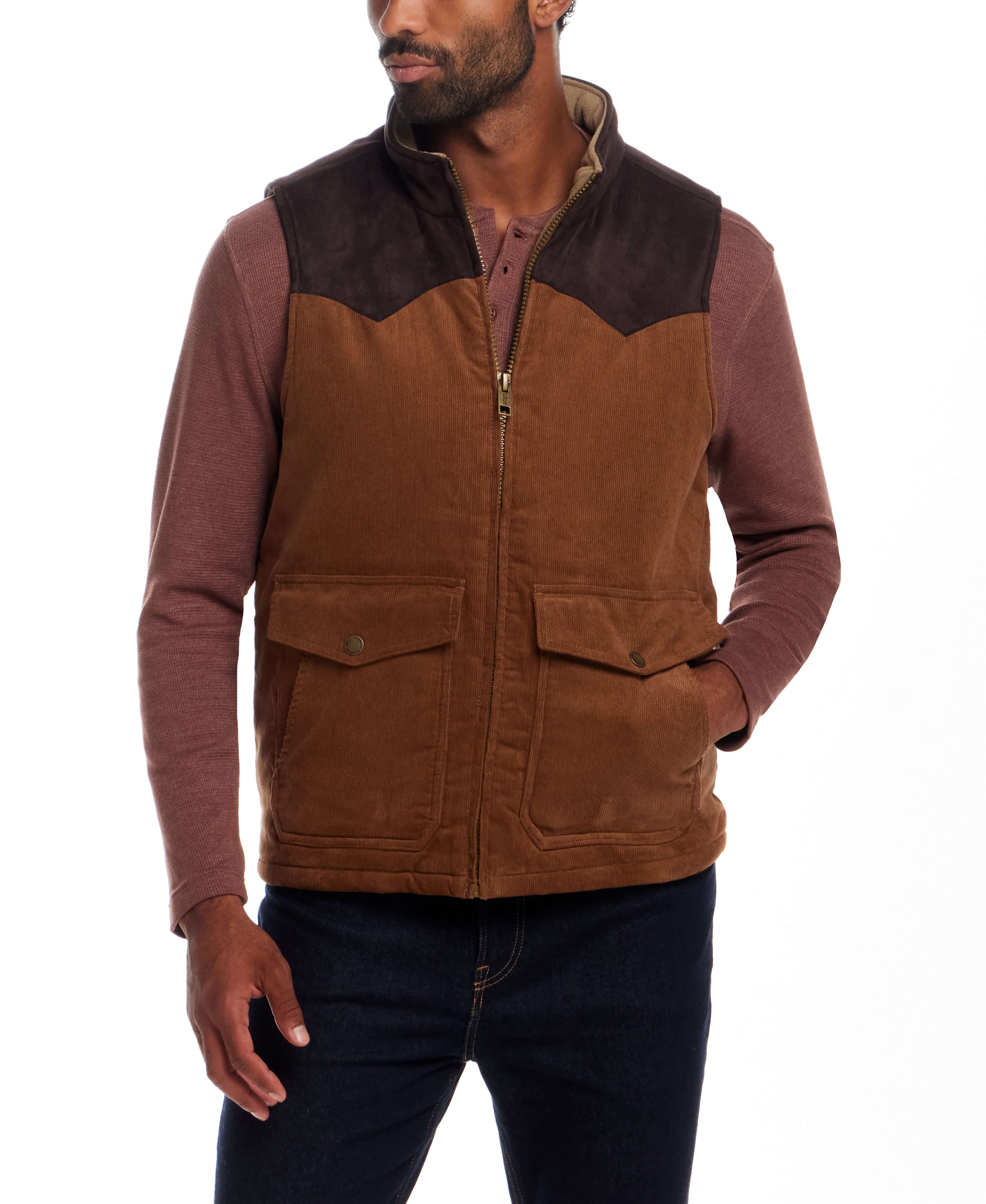 Western Cord and Suede Vest in Chocolate Torte worn by a model, featuring zip front and button-flap pockets.