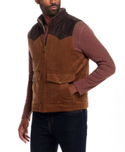 Western Cord and Suede Vest in Chocolate Torte on model showcasing its rugged style and functional pockets.