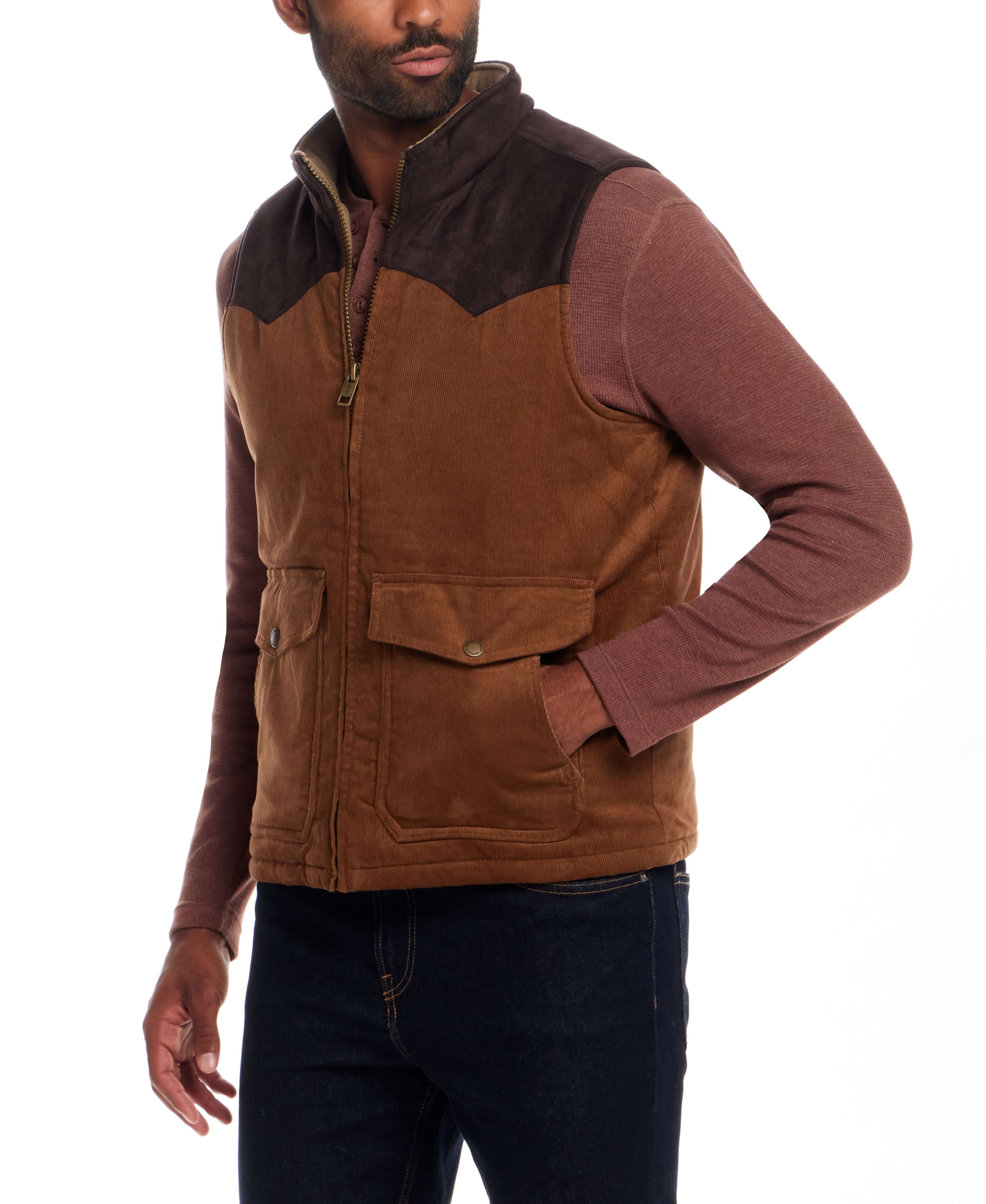 Western Cord and Suede Vest in Chocolate Torte on model showcasing its rugged style and functional pockets.