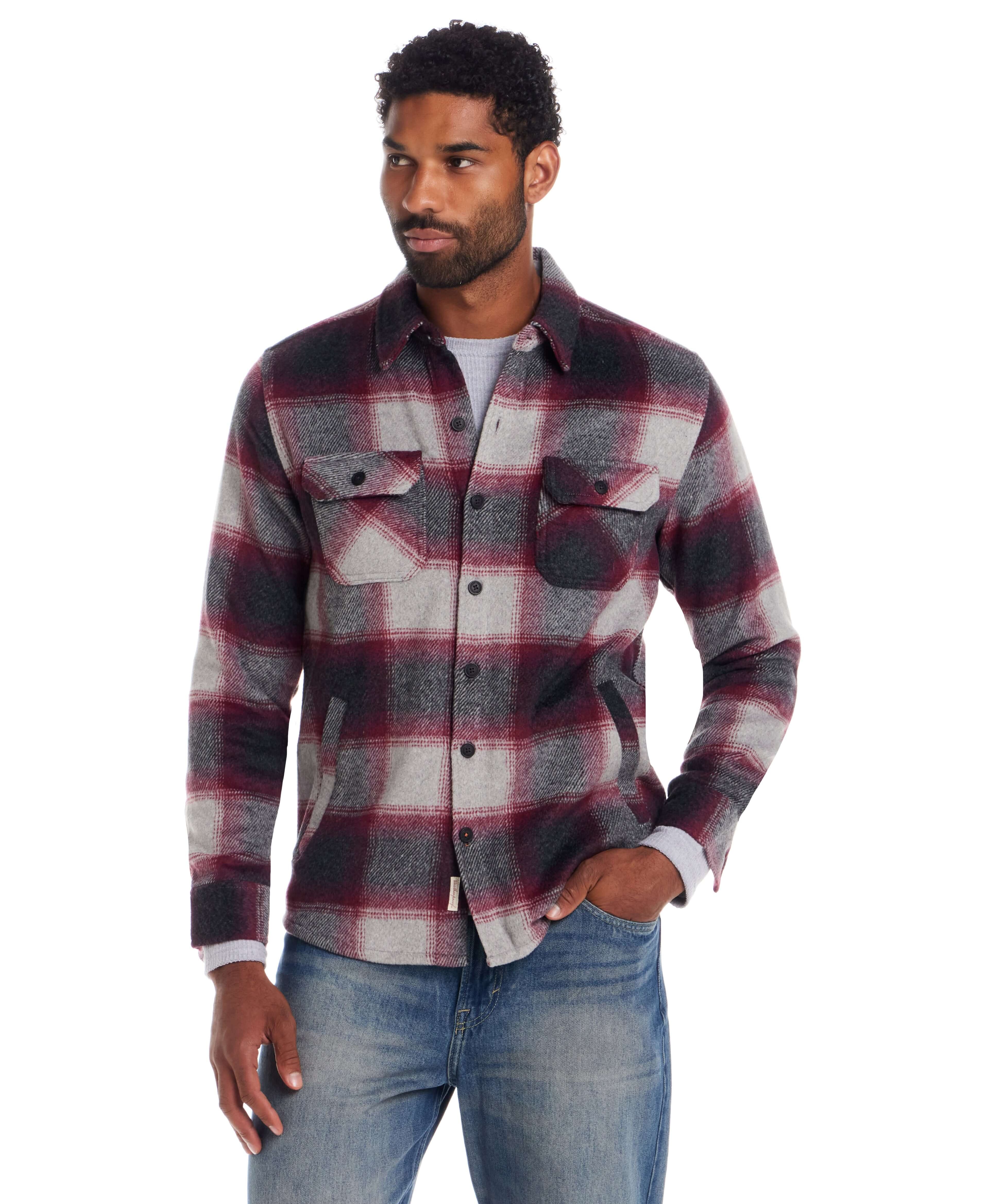 Brushed Unlined Shirt Jacket in Burgundy worn by a model, featuring a classic plaid design with flap chest pockets.