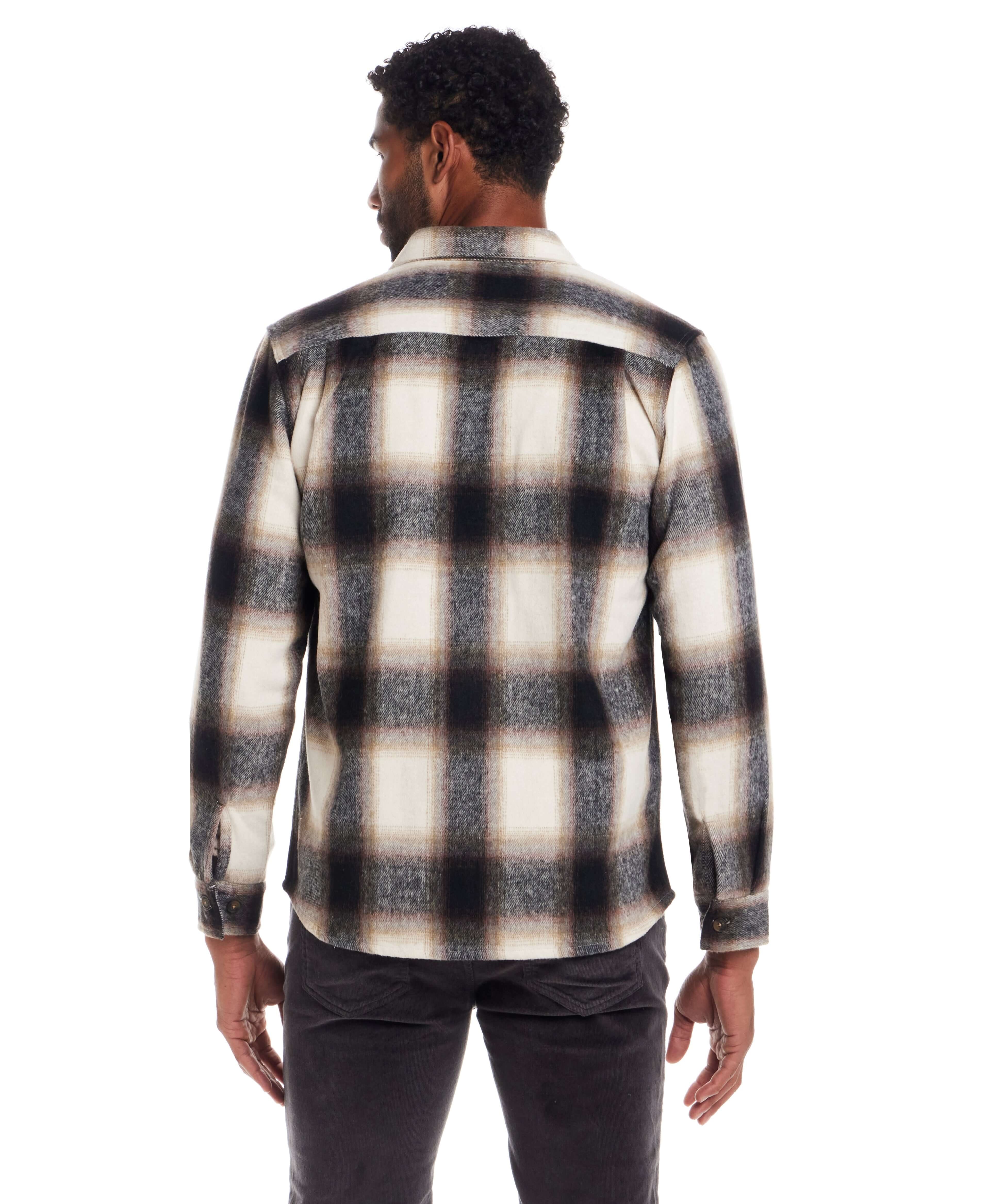 Brushed Unlined Plaid Shirt Jacket in Chocolate Cream, back view showcasing classic plaid design and soft brushed fabric.