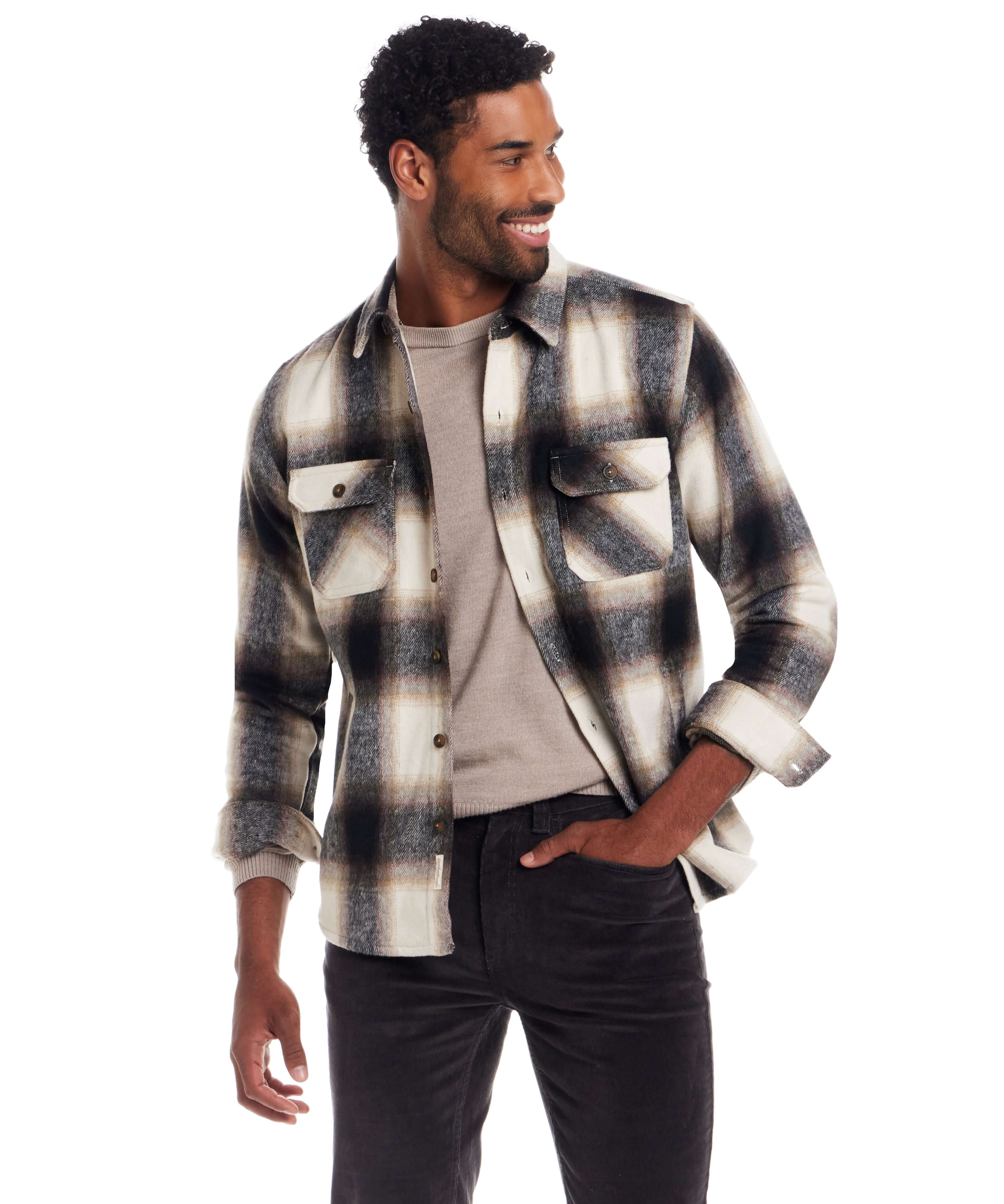 Model wearing Brushed Unlined Plaid Shirt Jacket in Chocolate Cream, showcasing a classic plaid design and stylish fit.