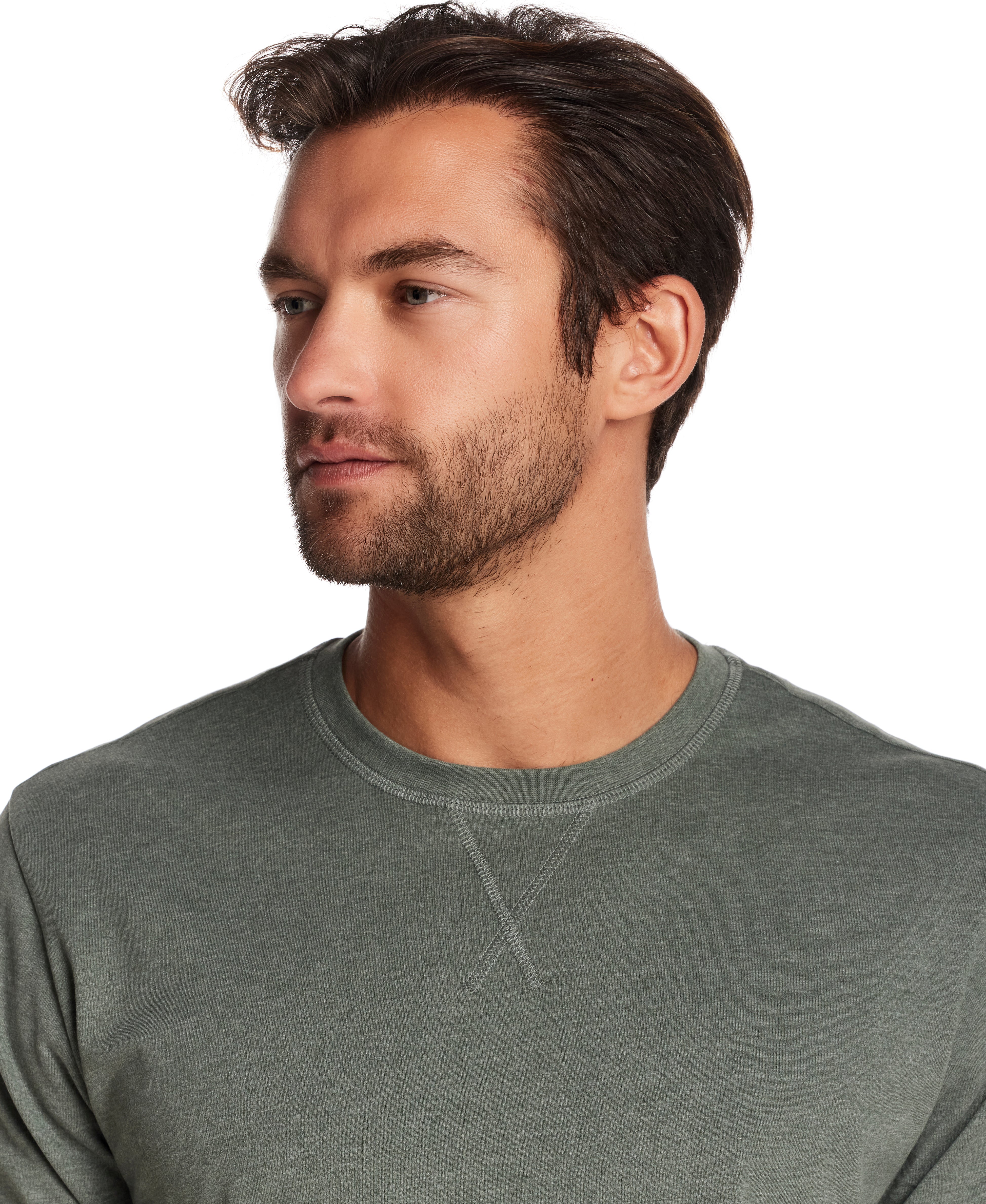 Long Sleeve Brushed Jersey Crew in Duck Green worn by a model, showcasing its classic crewneck and ribbed cuffs.