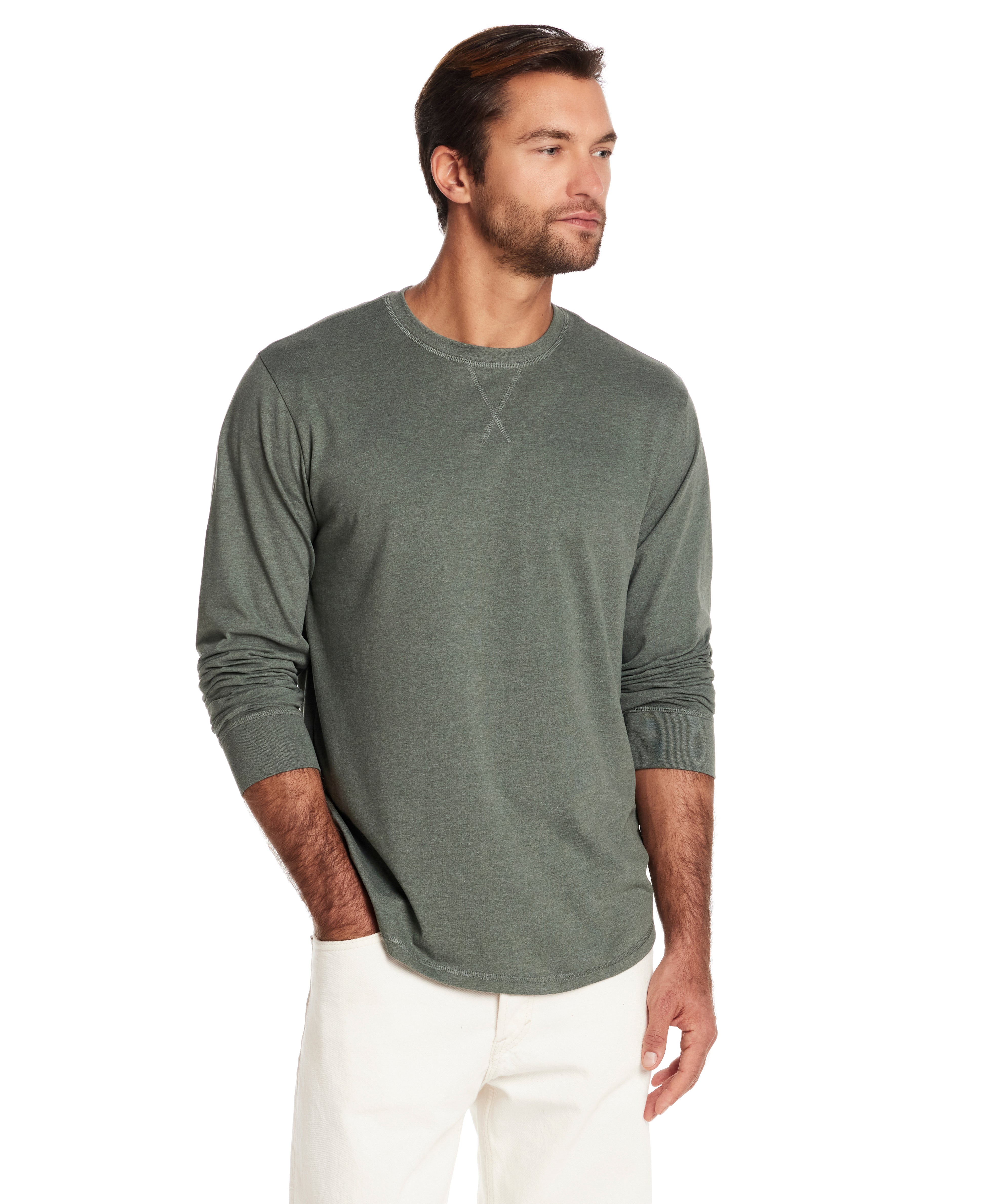 Long Sleeve Brushed Jersey Crew in Duck Green worn by a model, showcasing its classic fit and soft jersey fabric.