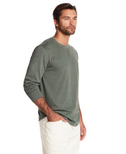 Model wearing Long Sleeve Brushed Jersey Crew in Duck Green, showcasing a classic and comfortable design.