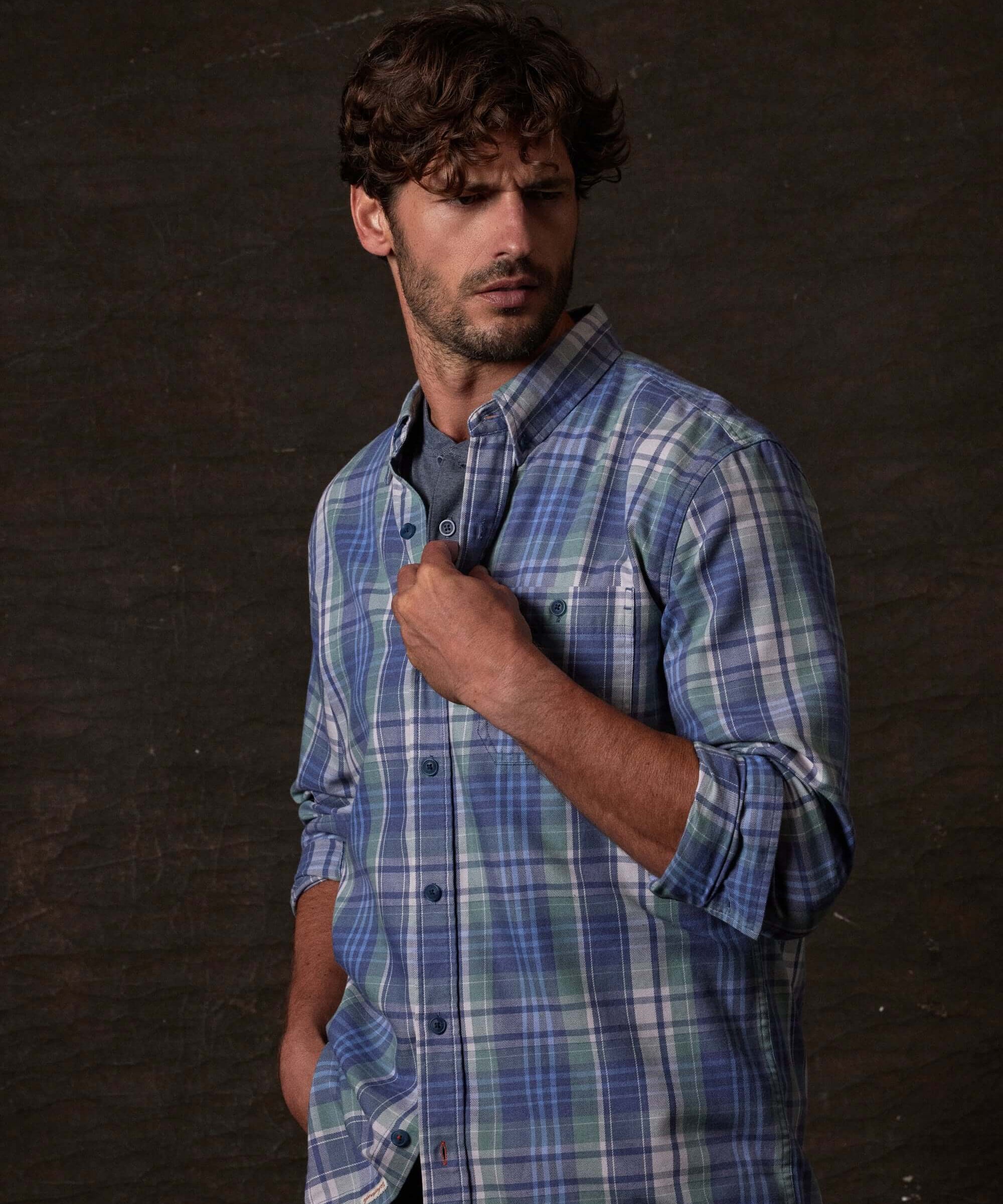 Long Sleeve Burnout Flannel in Dutch Blue shirt worn by model, showcasing classic fit and button details.