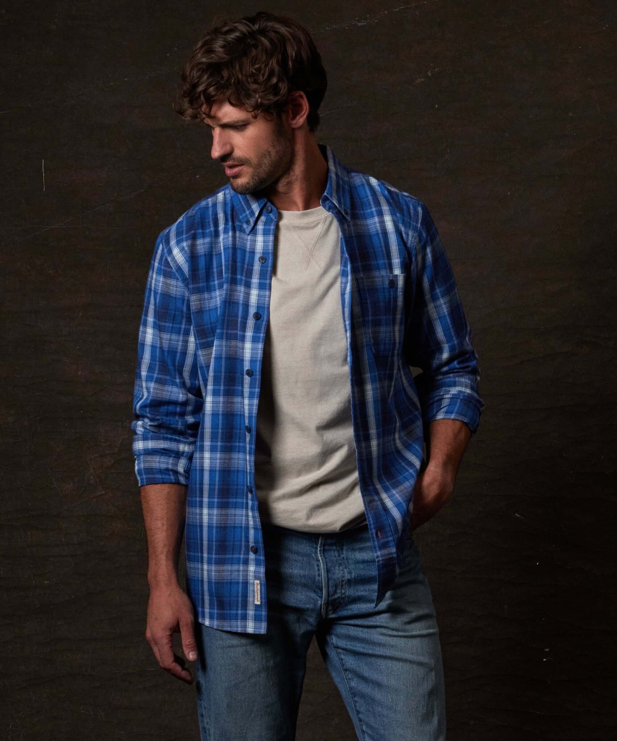Long Sleeve Burnout Flannel in Strong Blue worn by a model, showcasing its classic fit and weathered look.