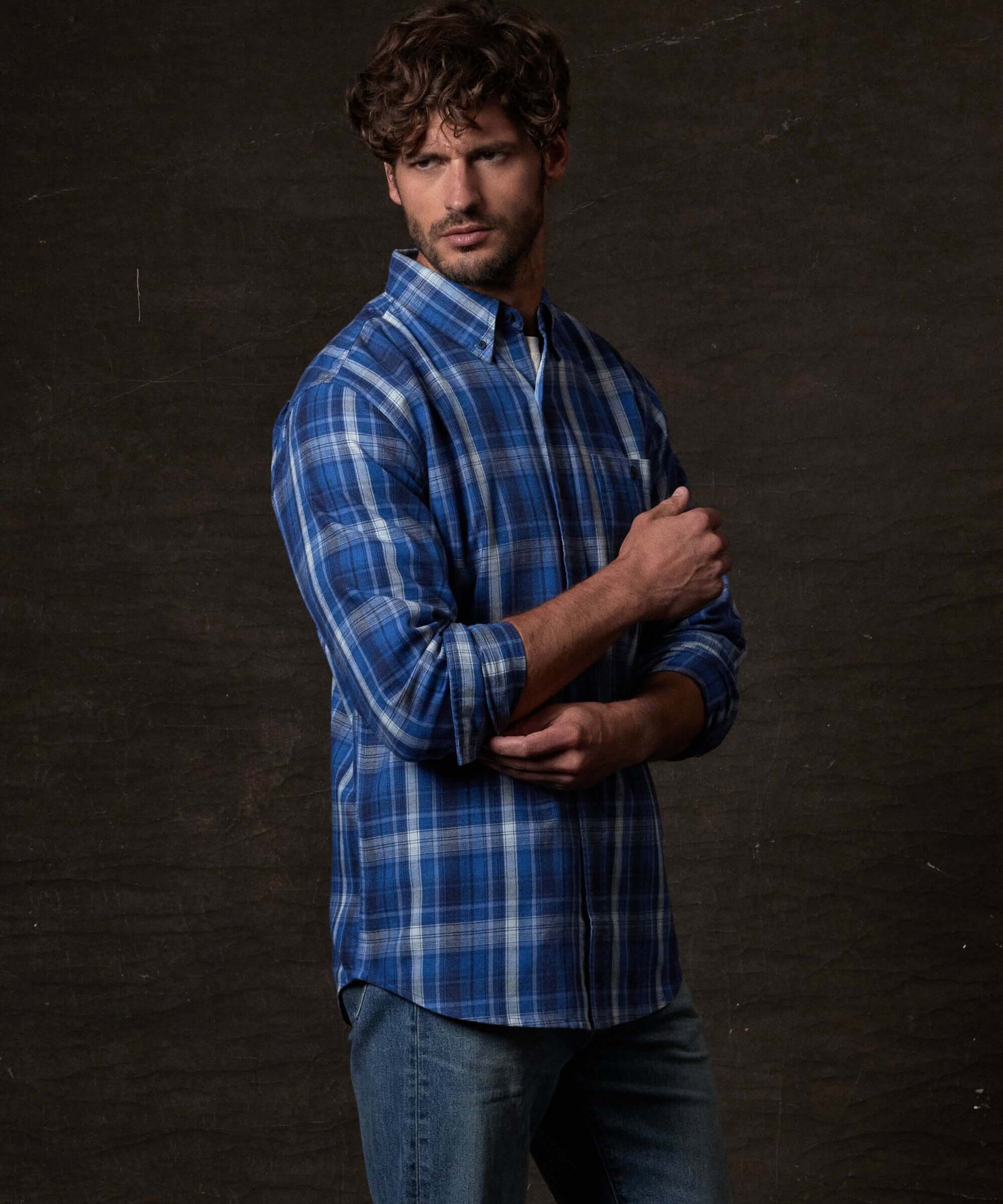 Long Sleeve Burnout Flannel in Strong Blue worn by a model, showcasing its classic fit and soft flannel texture.