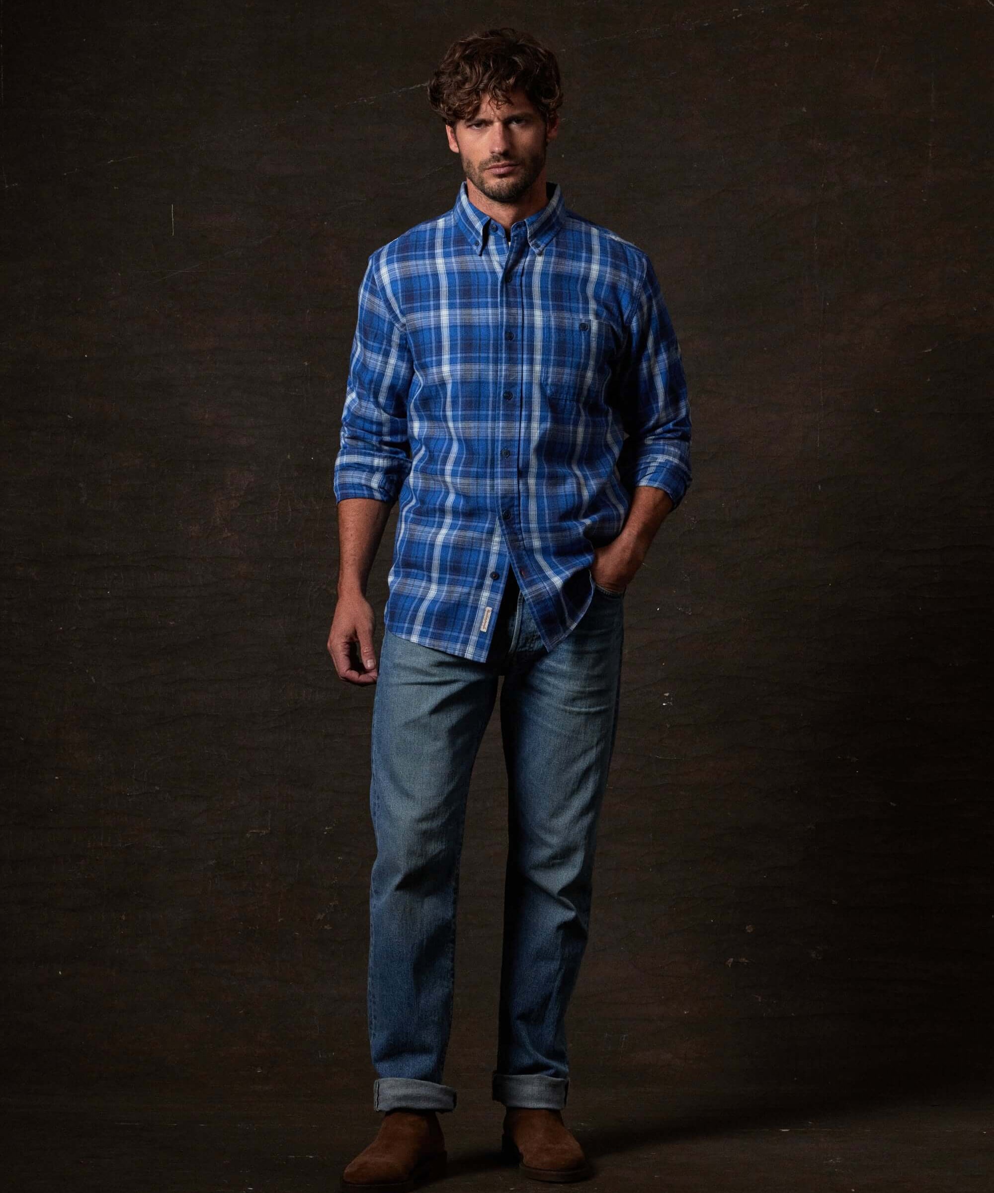 Long Sleeve Burnout Flannel in Strong Blue worn by a model, showcasing a classic fit and weathered design.