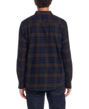 Back view of a long sleeve brushed flannel shirt in toffee color, featuring a classic plaid pattern.