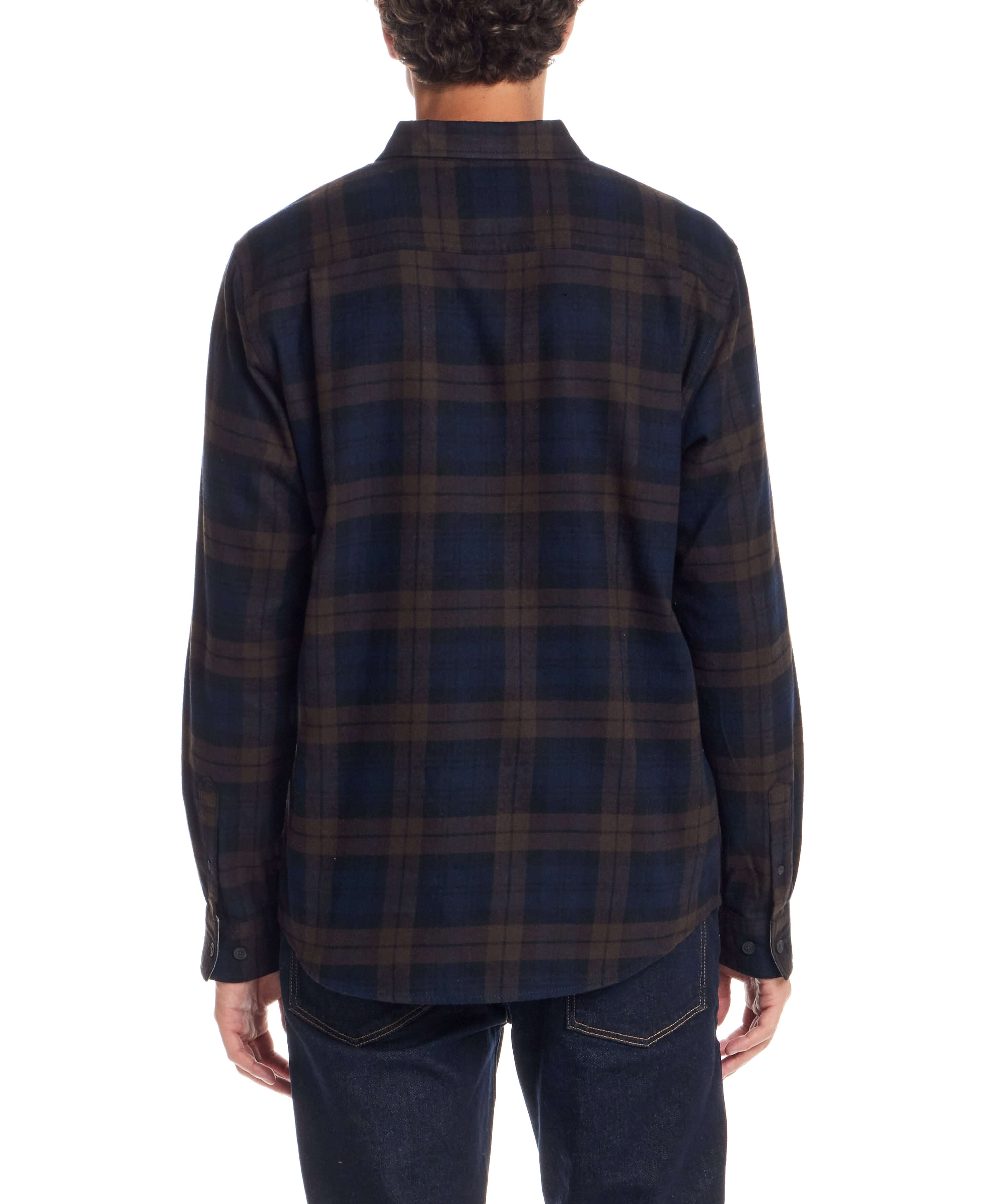 Back view of a long sleeve brushed flannel shirt in toffee color, featuring a classic plaid pattern.