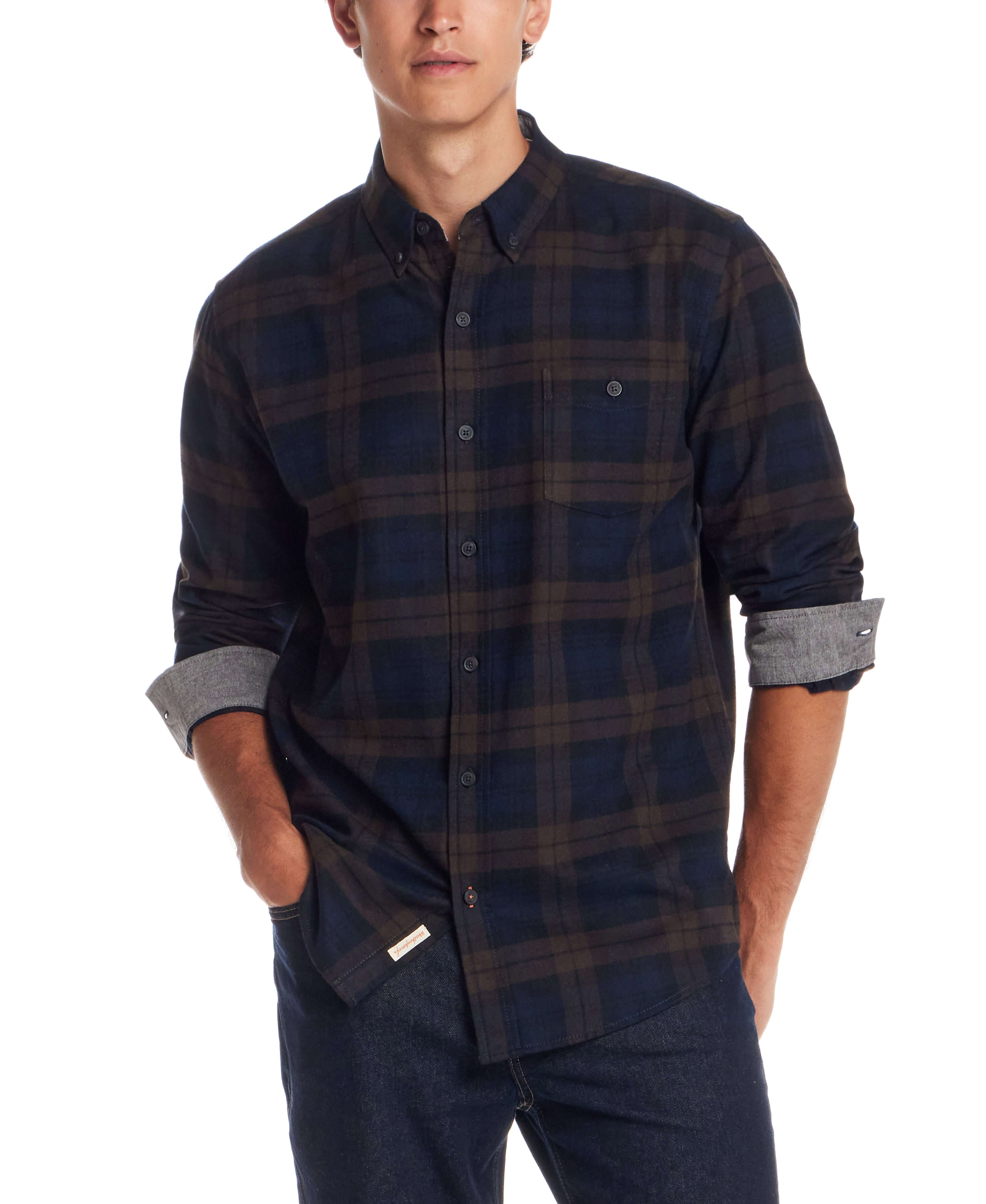 Men's long sleeve brushed flannel shirt in toffee, featuring a classic plaid pattern and button-down collar, perfect for layering.