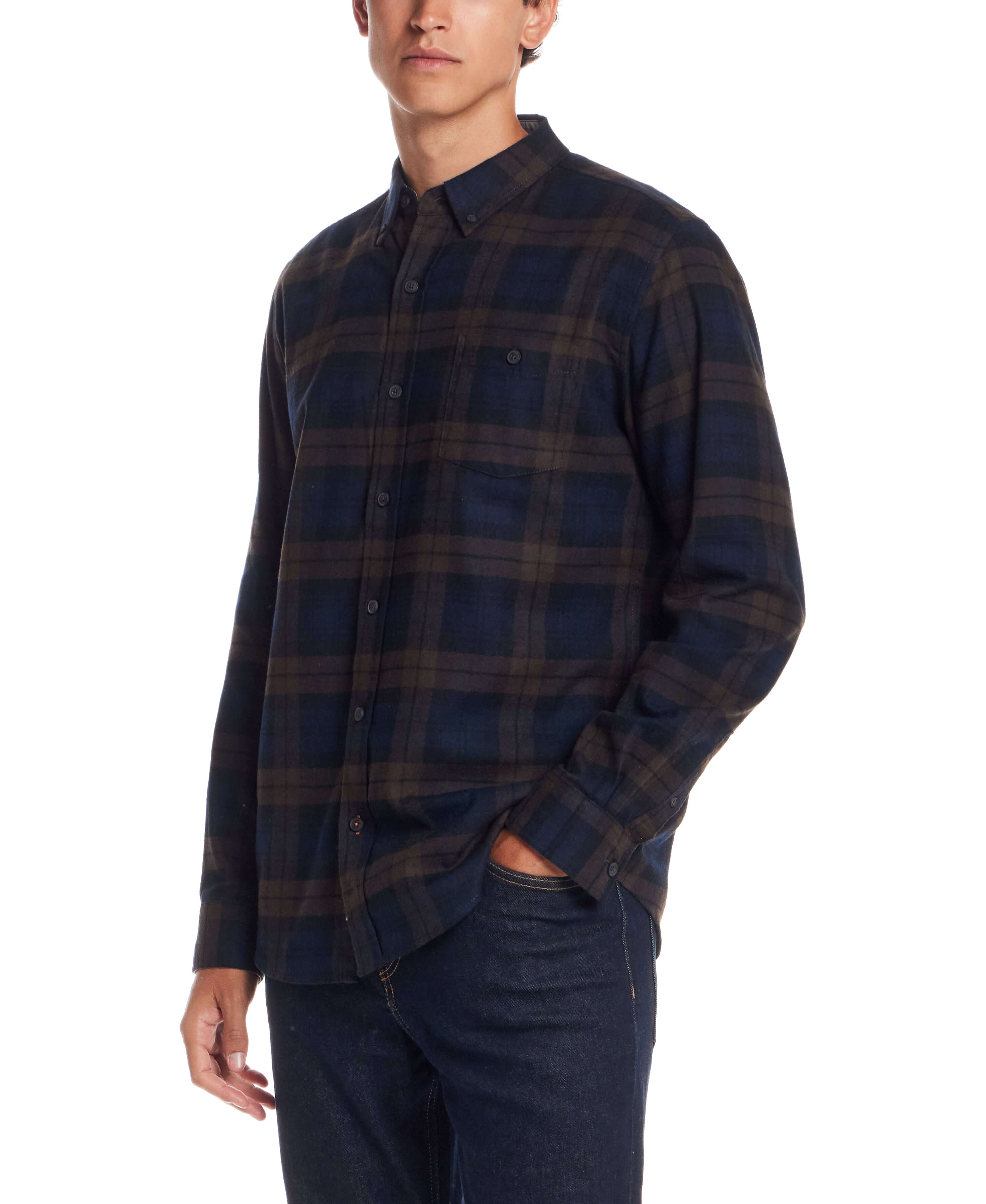 Men's long sleeve brushed flannel shirt in navy and brown plaid, featuring button-down collar and soft cotton blend fabric.