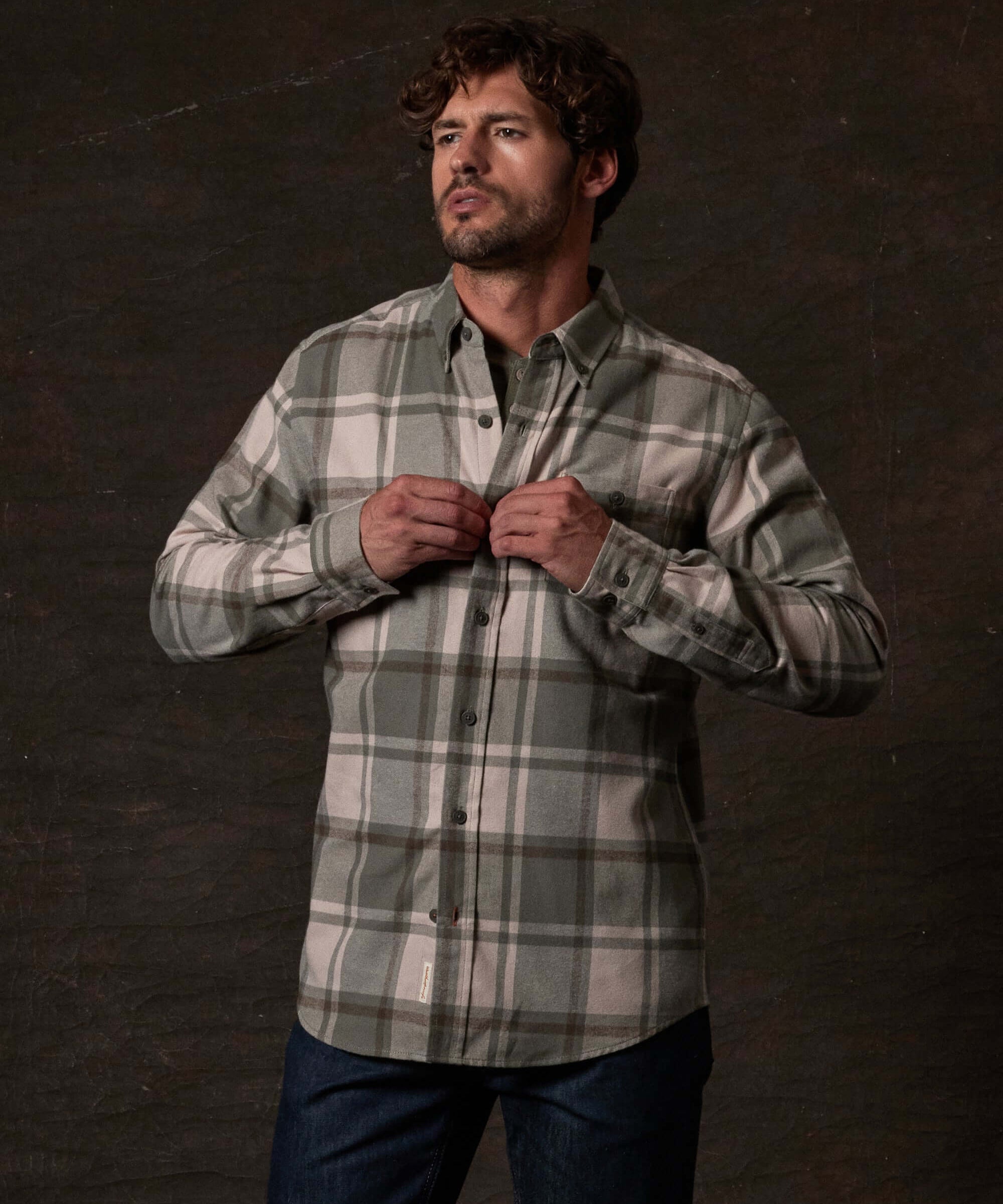 Long Sleeve Brushed Flannel in Kalamata worn by a model, showcasing its classic plaid design and soft fabric.