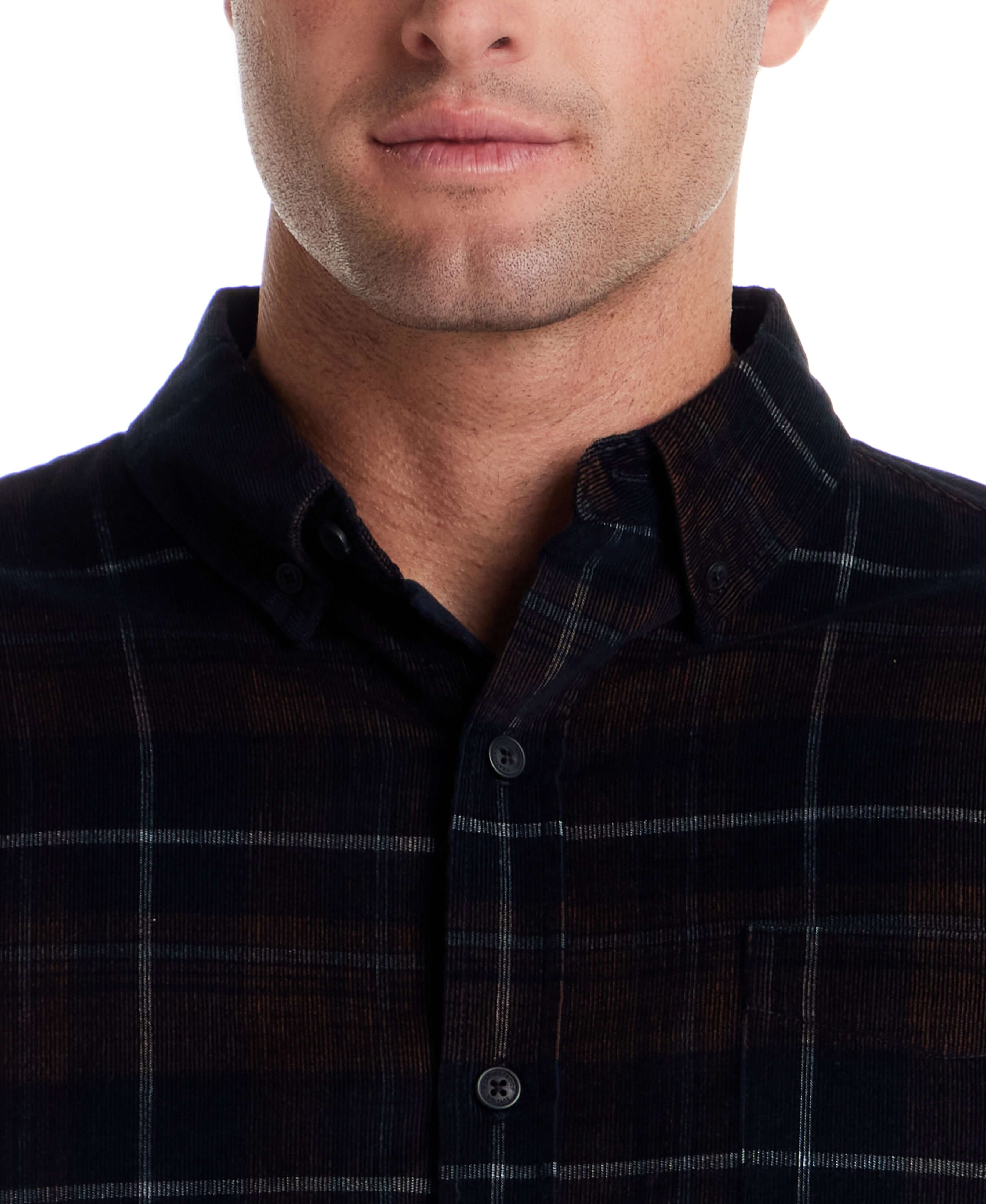 Close-up of model wearing Long Sleeve Plaid Cord Shirt in Espresso, showcasing its button-down collar and plaid pattern.