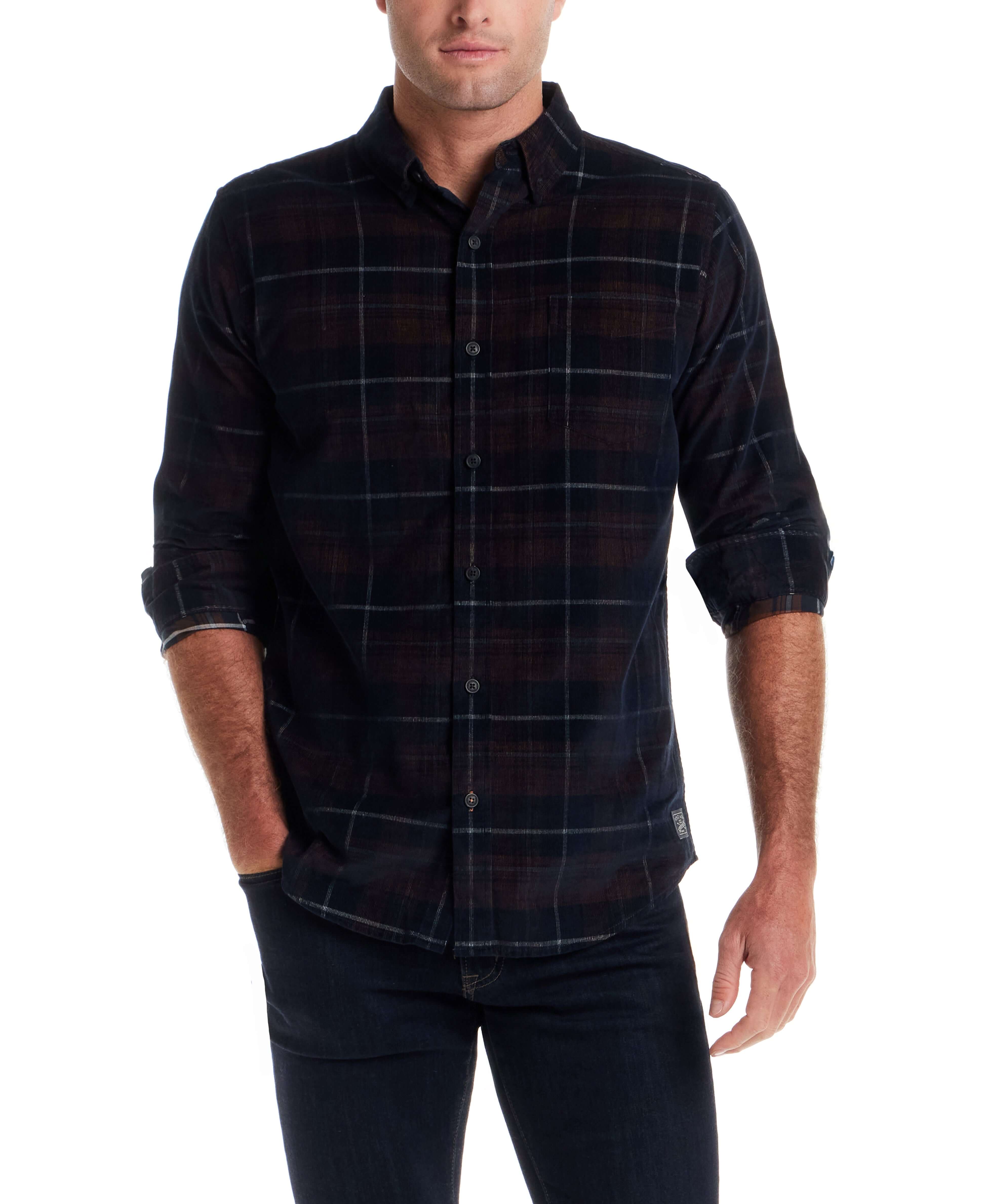 Long Sleeve Plaid Cord Shirt in Espresso, featuring a soft corduroy fabric and trendy plaid design for stylish comfort.