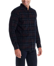 Man wearing a Long Sleeve Plaid Cord Shirt in Espresso, showcasing its trendy plaid print and button-down collar.