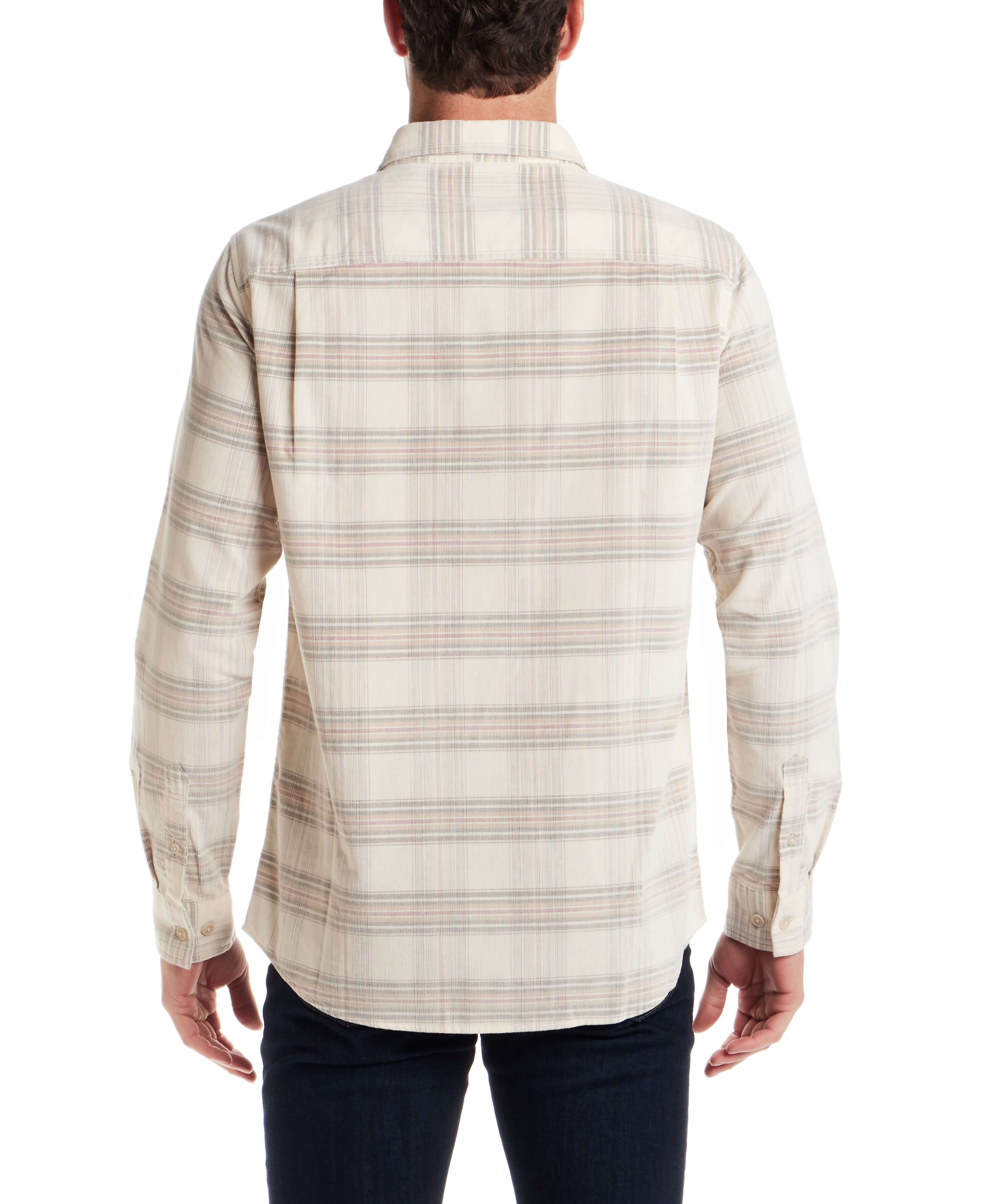 Back view of a model wearing a Long Sleeve Plaid Cord Shirt in Natural, showcasing its stylish plaid design.