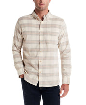 Long Sleeve Plaid Cord Shirt in Natural worn by a model, showcasing soft corduroy fabric in trendy plaid.