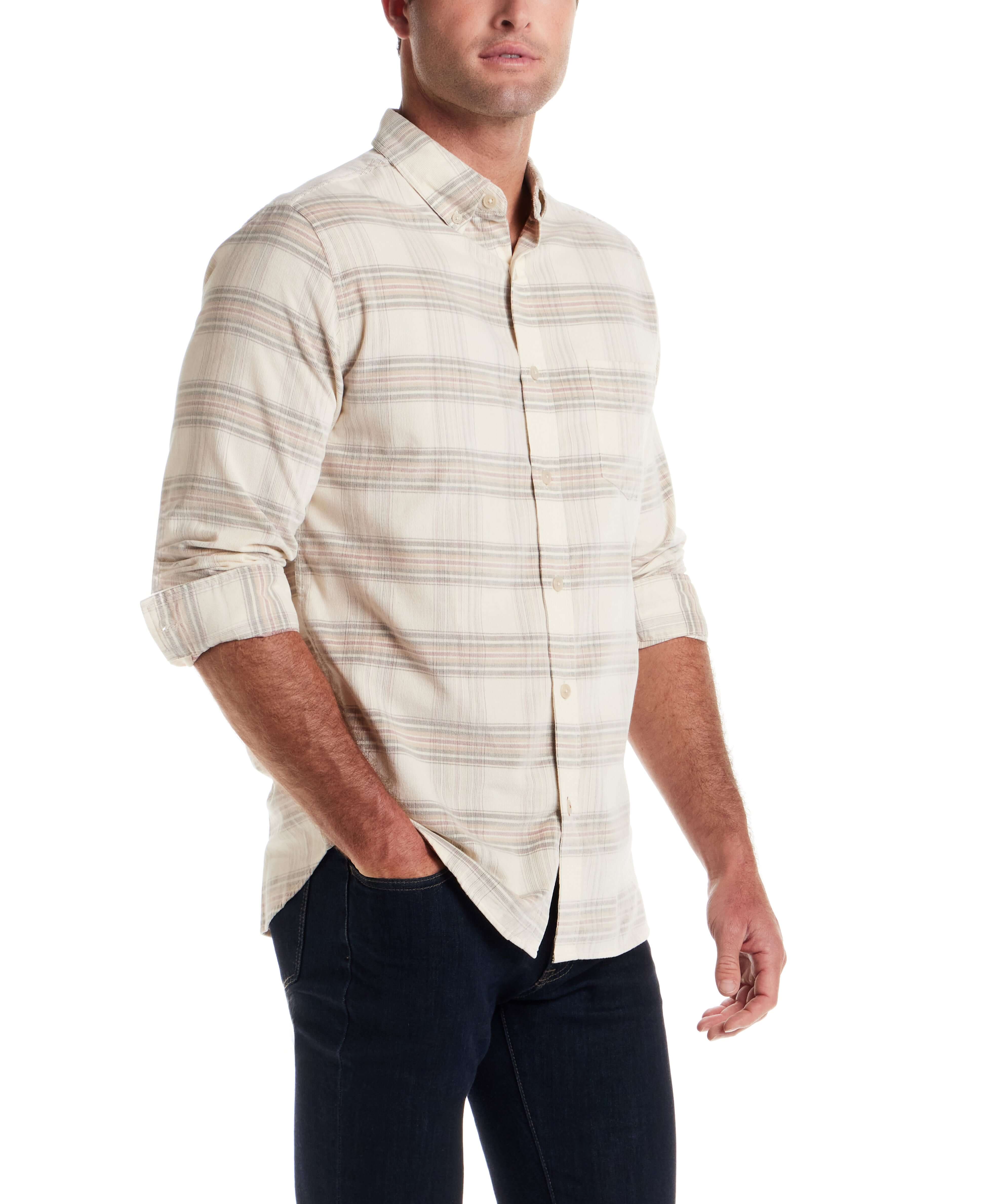 Long Sleeve Plaid Cord Shirt in Natural worn by a model, featuring a button down collar and soft corduroy fabric.