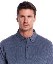 Long Sleeve Pebble Corduroy Shirt in Ensign Blue model close-up, showcasing button-down collar and chest pocket.