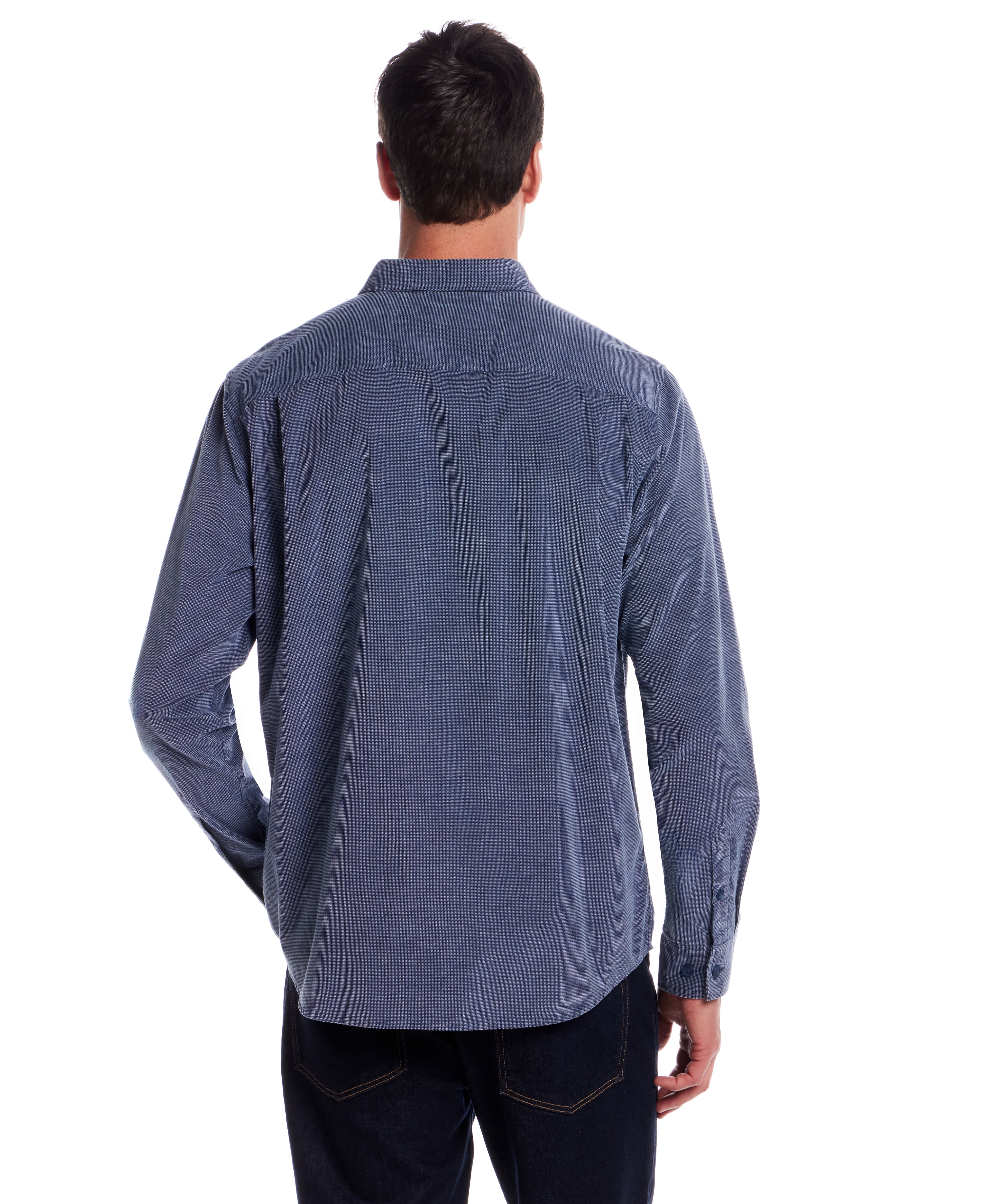 Long Sleeve Pebble Corduroy Shirt in Ensign Blue back view on model