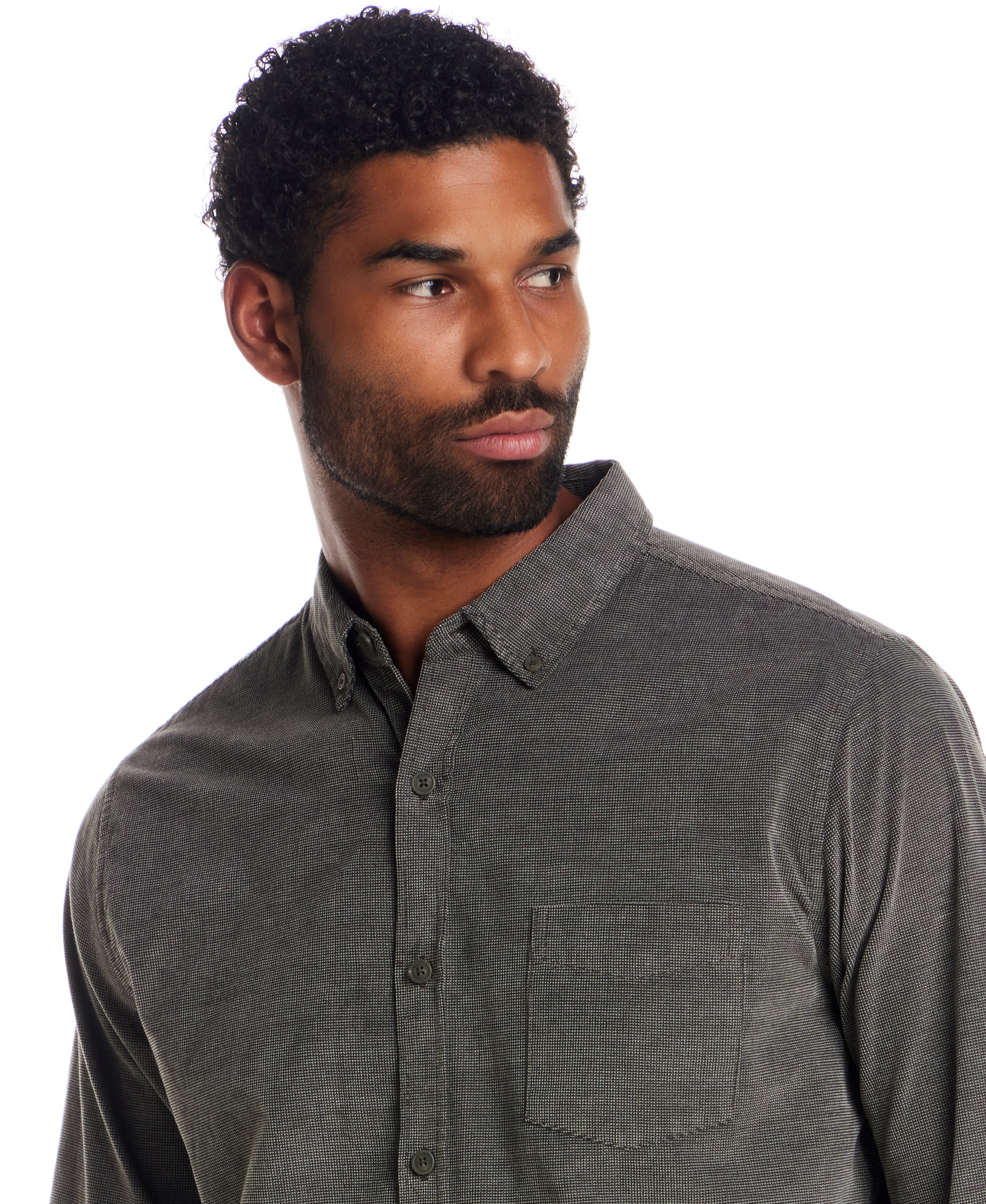 Long Sleeve Pebble Corduroy Shirt in Kambaba Olive worn by a model with a button-down collar and cuffed sleeves.