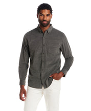 Long Sleeve Pebble Corduroy Shirt in Kambaba Olive worn by model featuring button-down collar and cuffed sleeves.